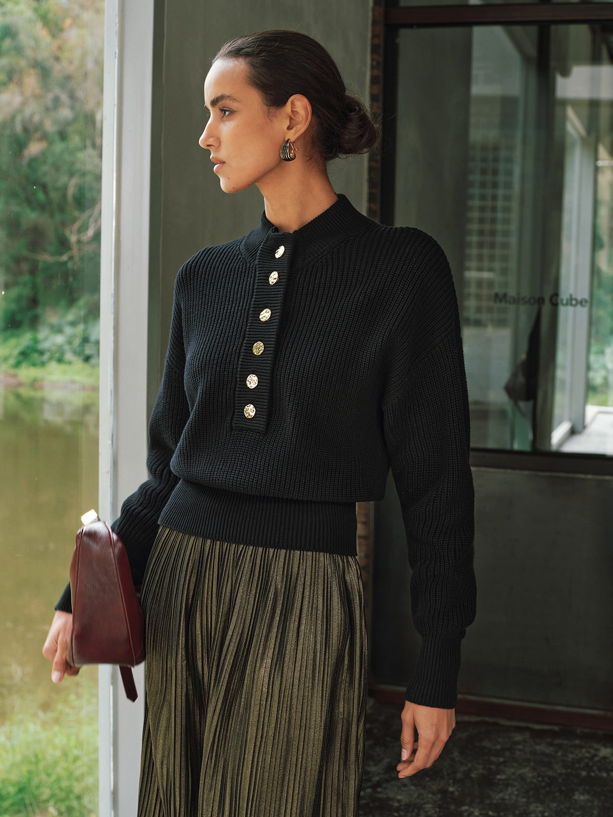 Ribbed Metal Button Sweater-Chicvia