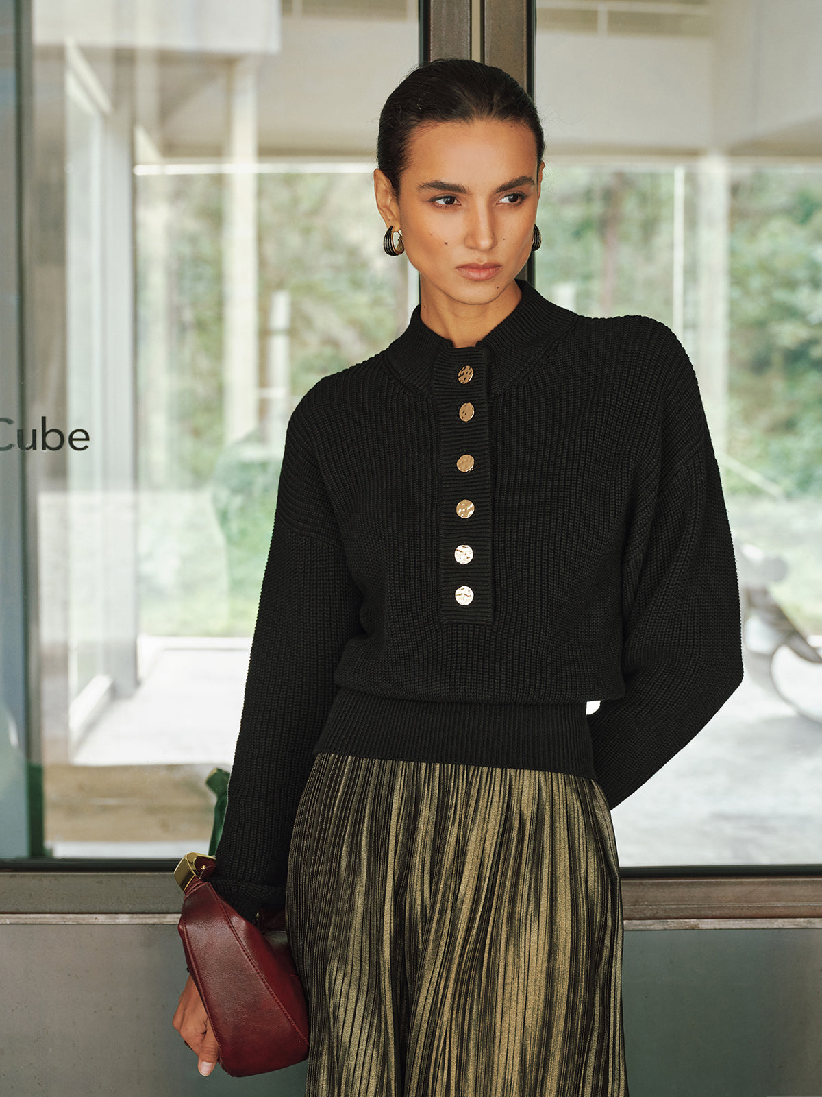 Ribbed Metal Button Sweater-Chicvia