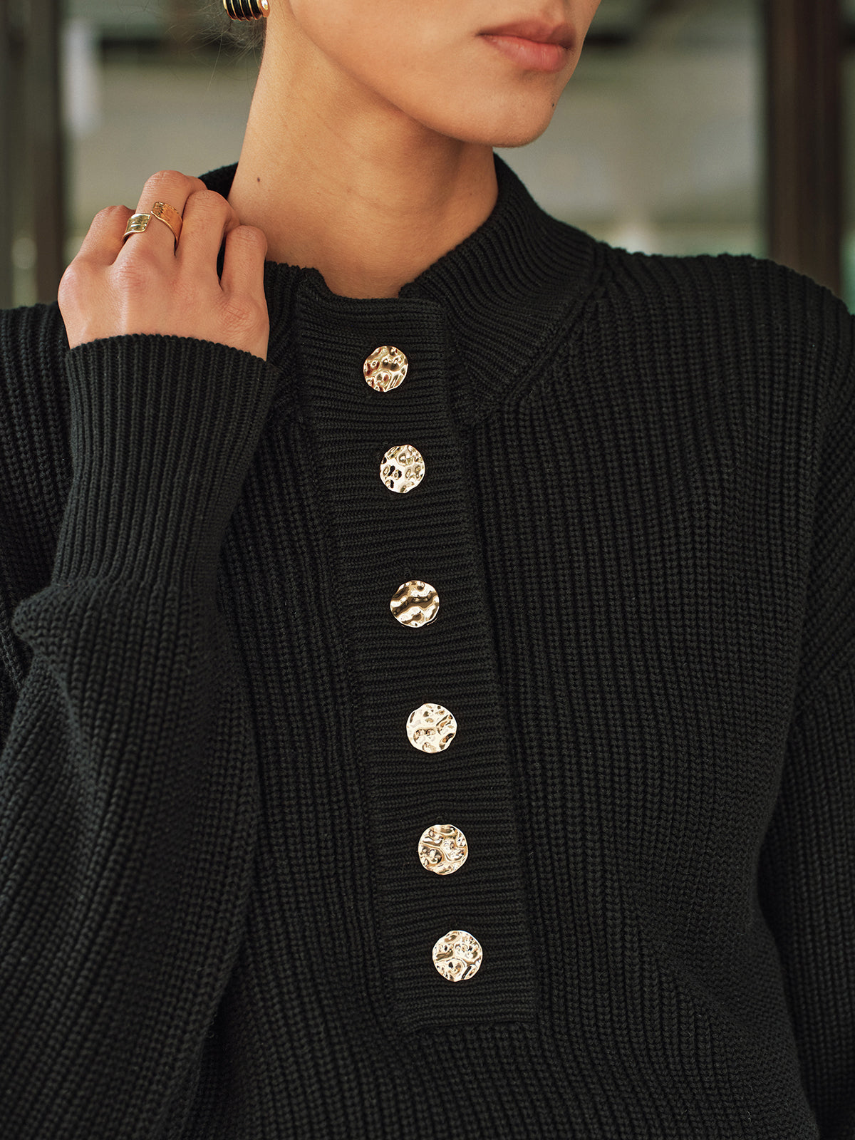 Ribbed Metal Button Sweater-Chicvia