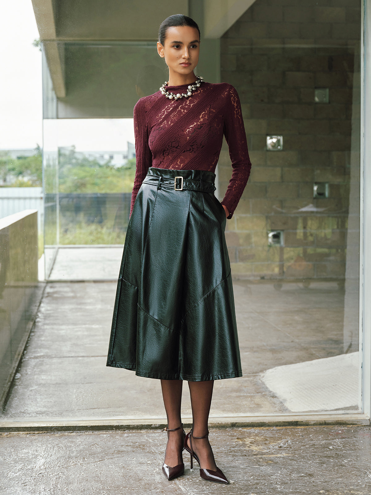 Long Sleeve Sheer Lace Fitted Blouse-Chicvia