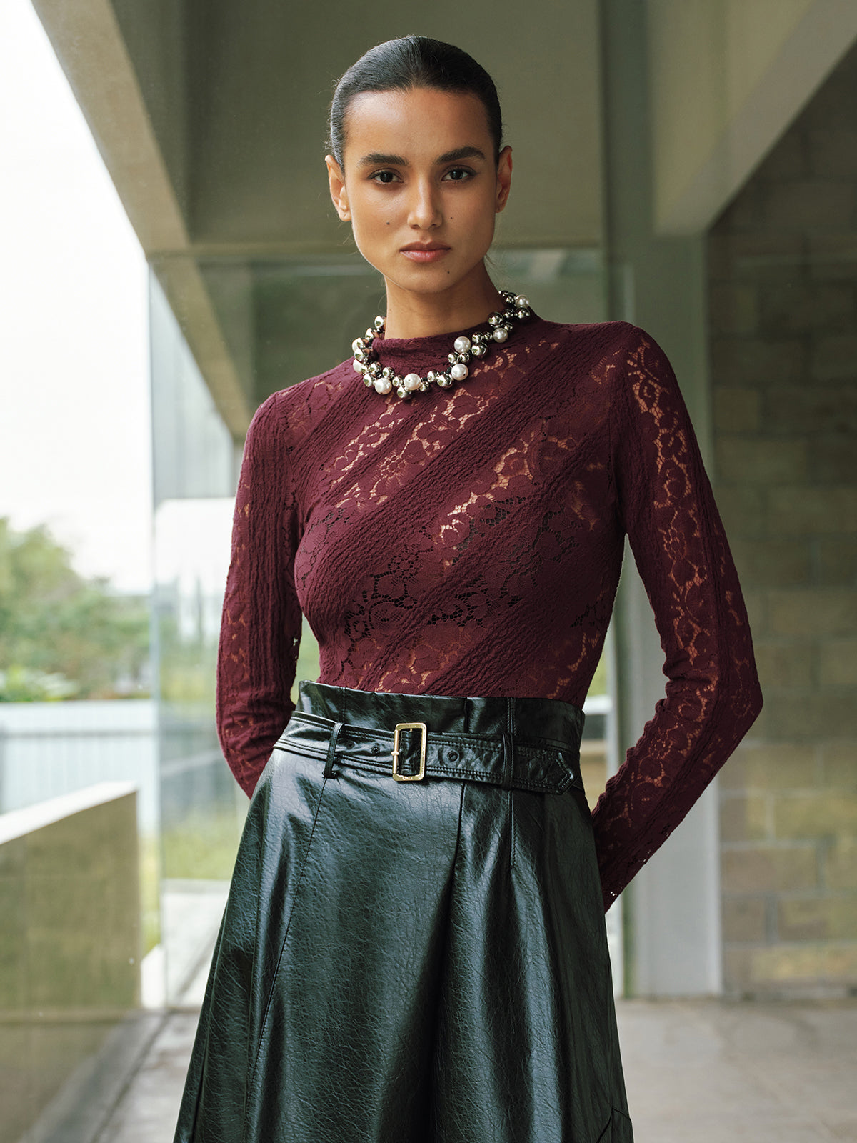 Long Sleeve Sheer Lace Fitted Blouse-Chicvia