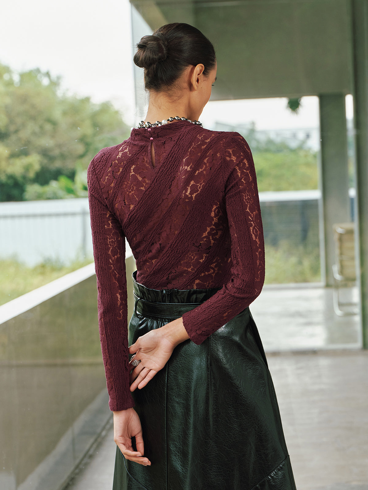 Long Sleeve Sheer Lace Fitted Blouse-Chicvia