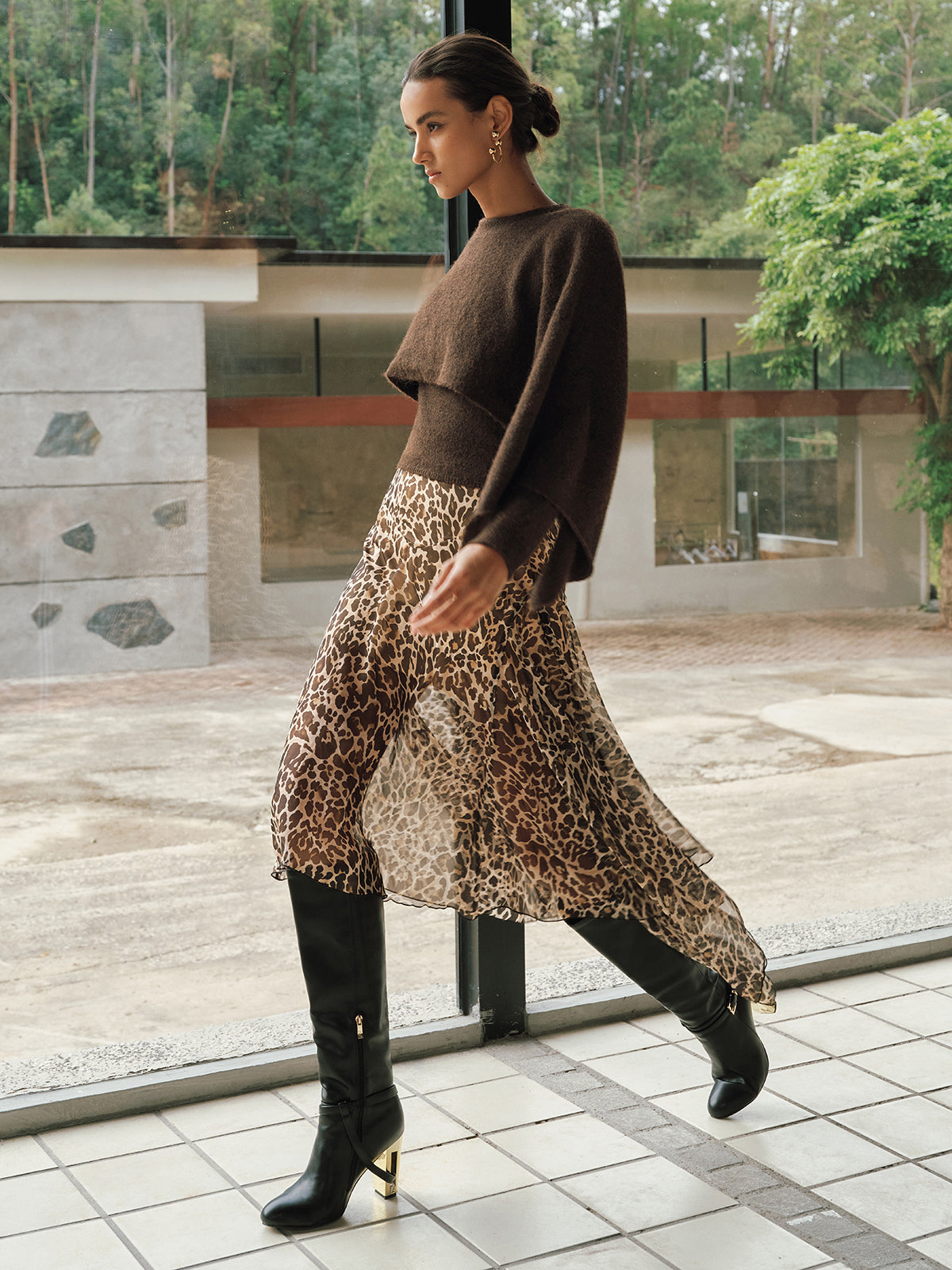 Leopard Print Semi-Sheer Chiffon Midi Skirt-Chicvia