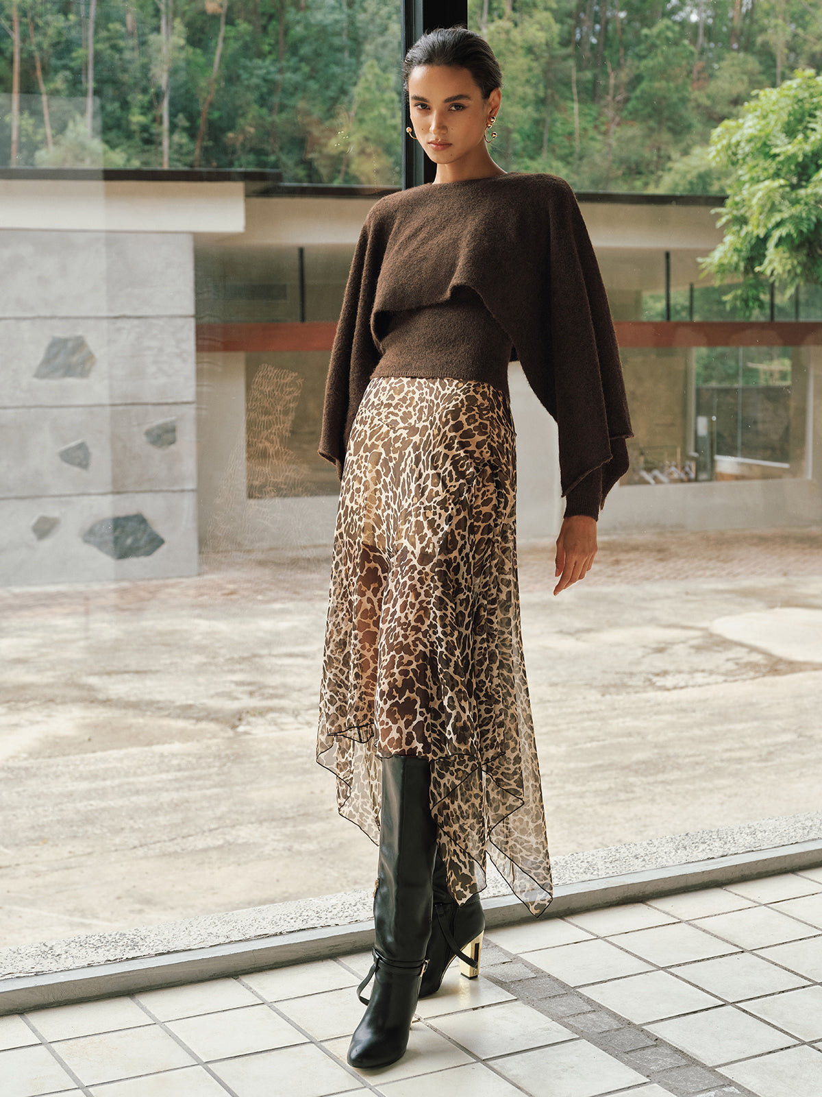 Leopard Print Semi-Sheer Chiffon Midi Skirt-Chicvia