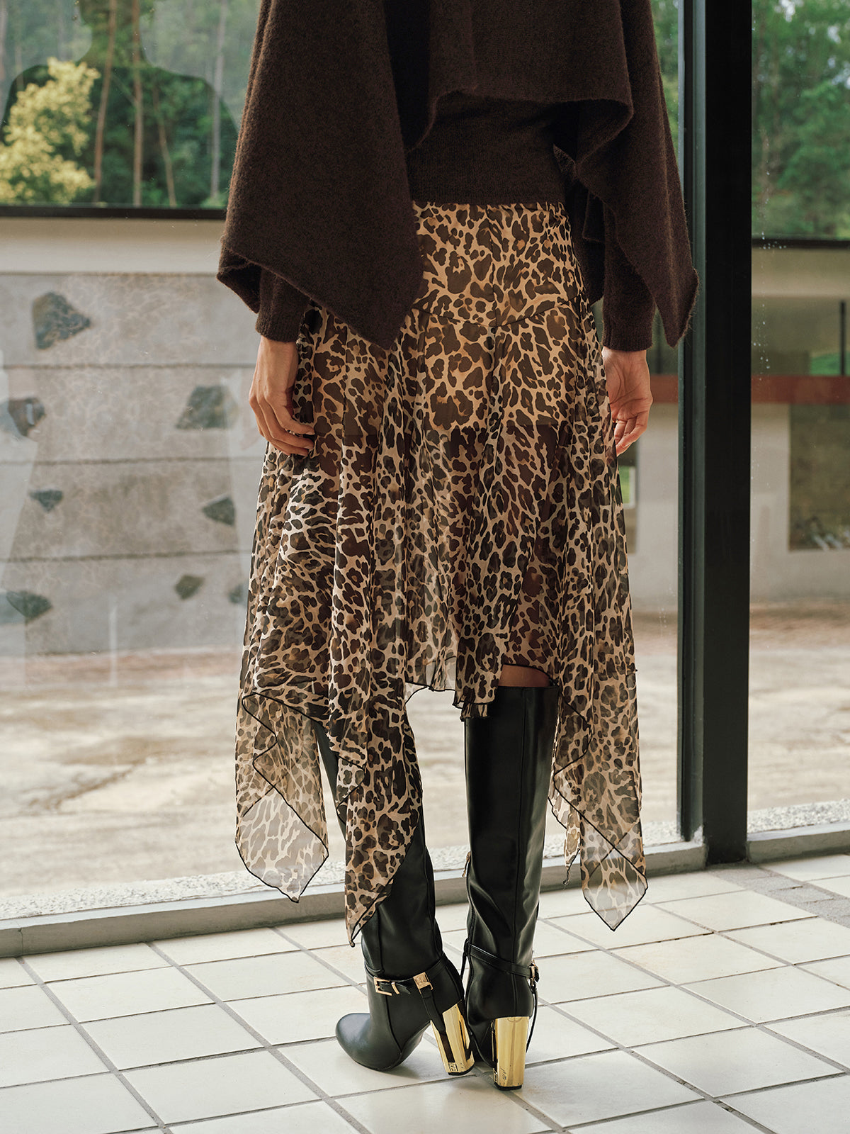 Leopard Print Semi-Sheer Chiffon Midi Skirt-Chicvia