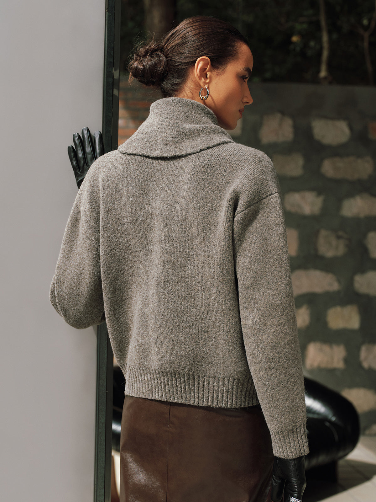 Button-Front Knit Cardigan with Scarf-Chicvia