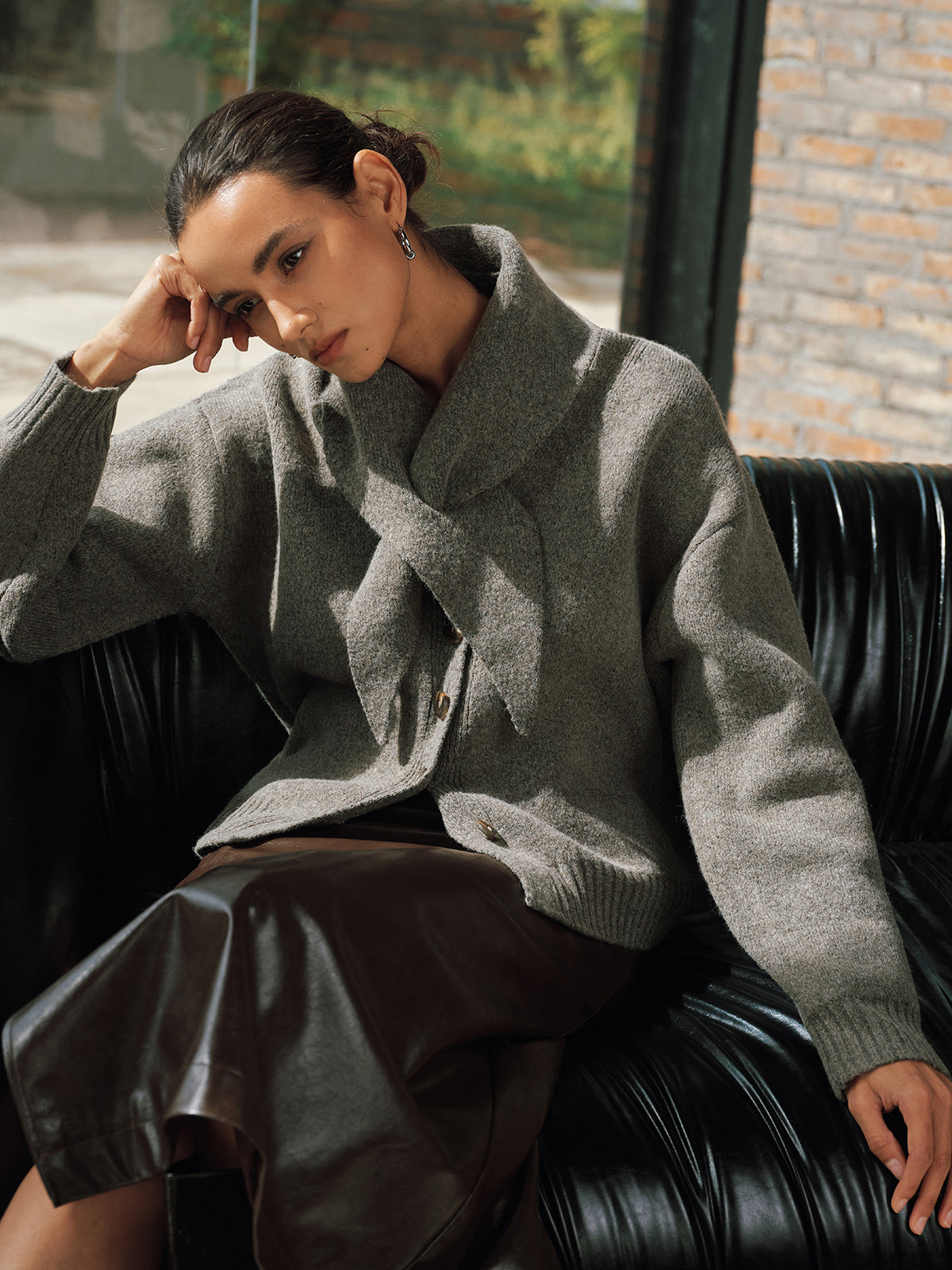 Button-Front Knit Cardigan with Scarf-Chicvia