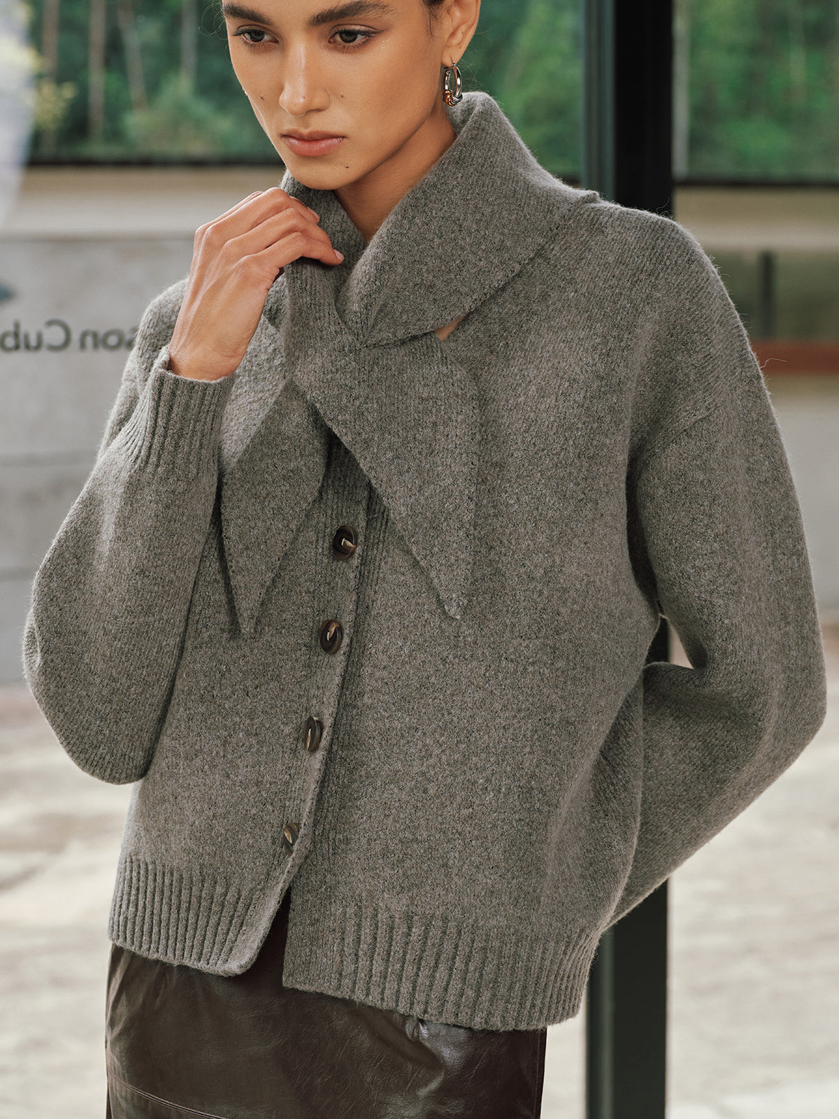 Button-Front Knit Cardigan with Scarf-Chicvia