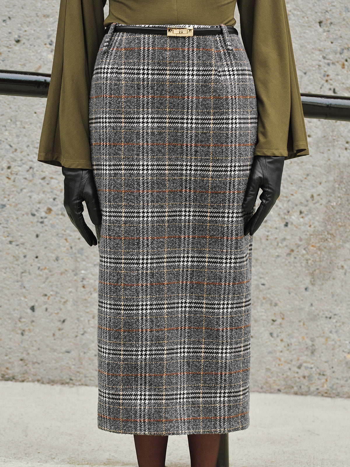 Belted Tweed Plaid Midi Skirt-Chicvia