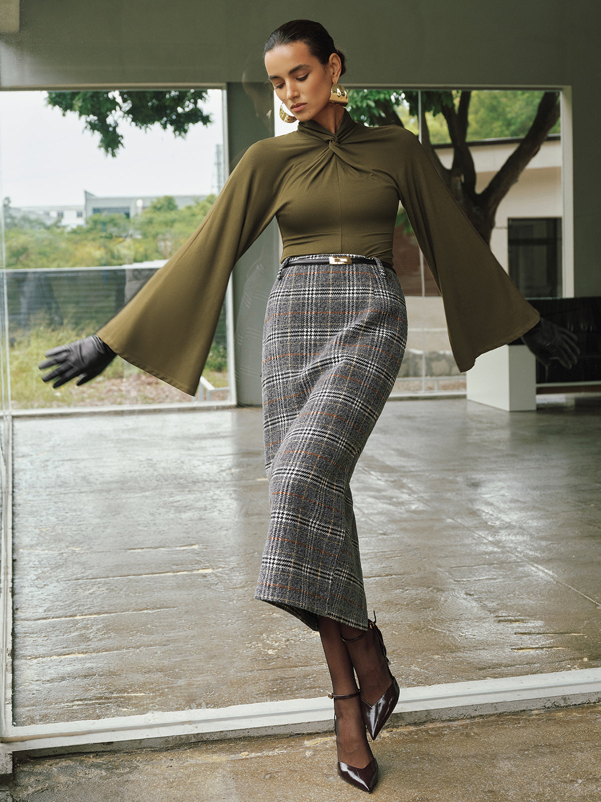 Belted Tweed Plaid Midi Skirt-Chicvia