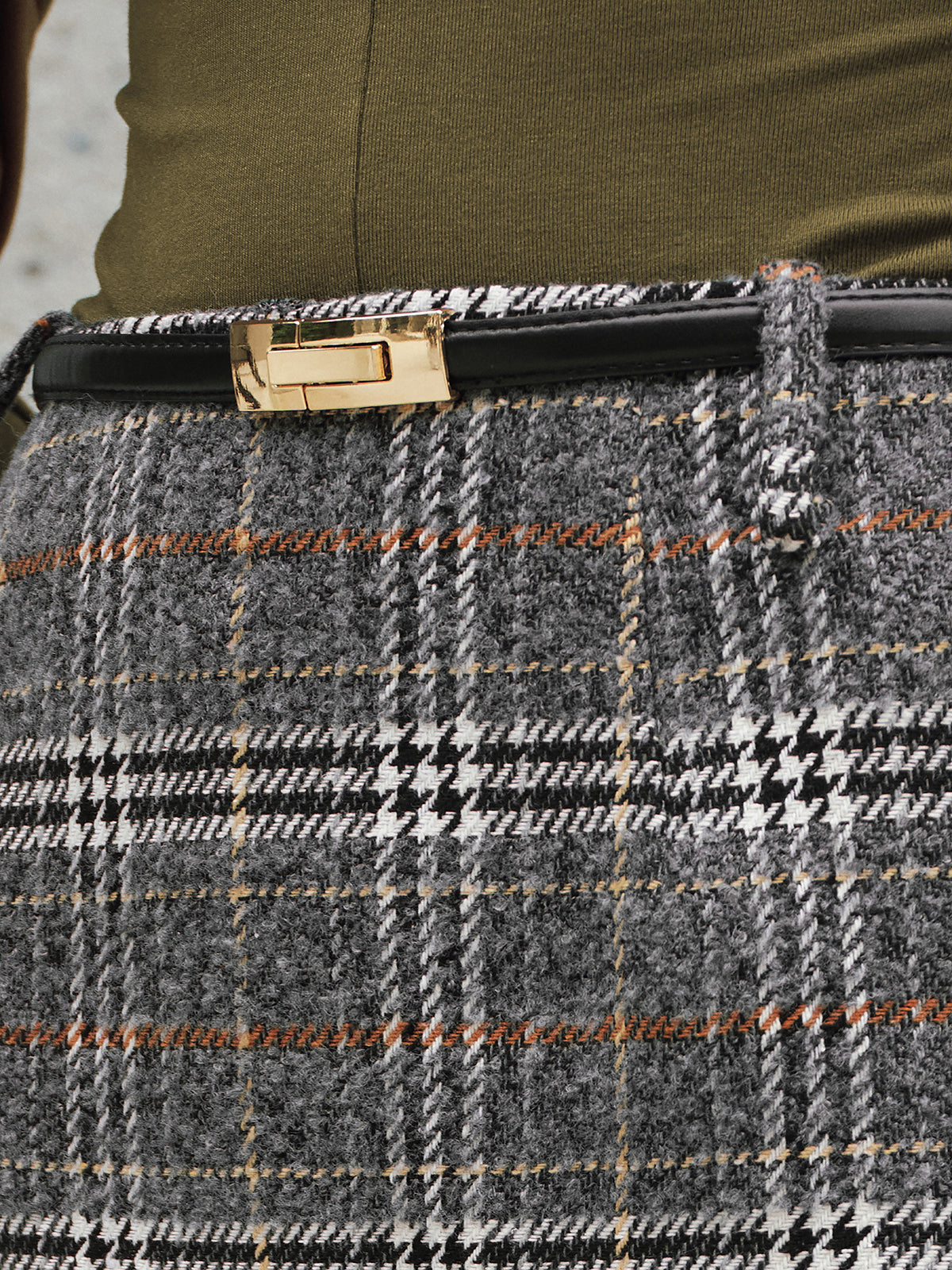 Belted Tweed Plaid Midi Skirt-Chicvia