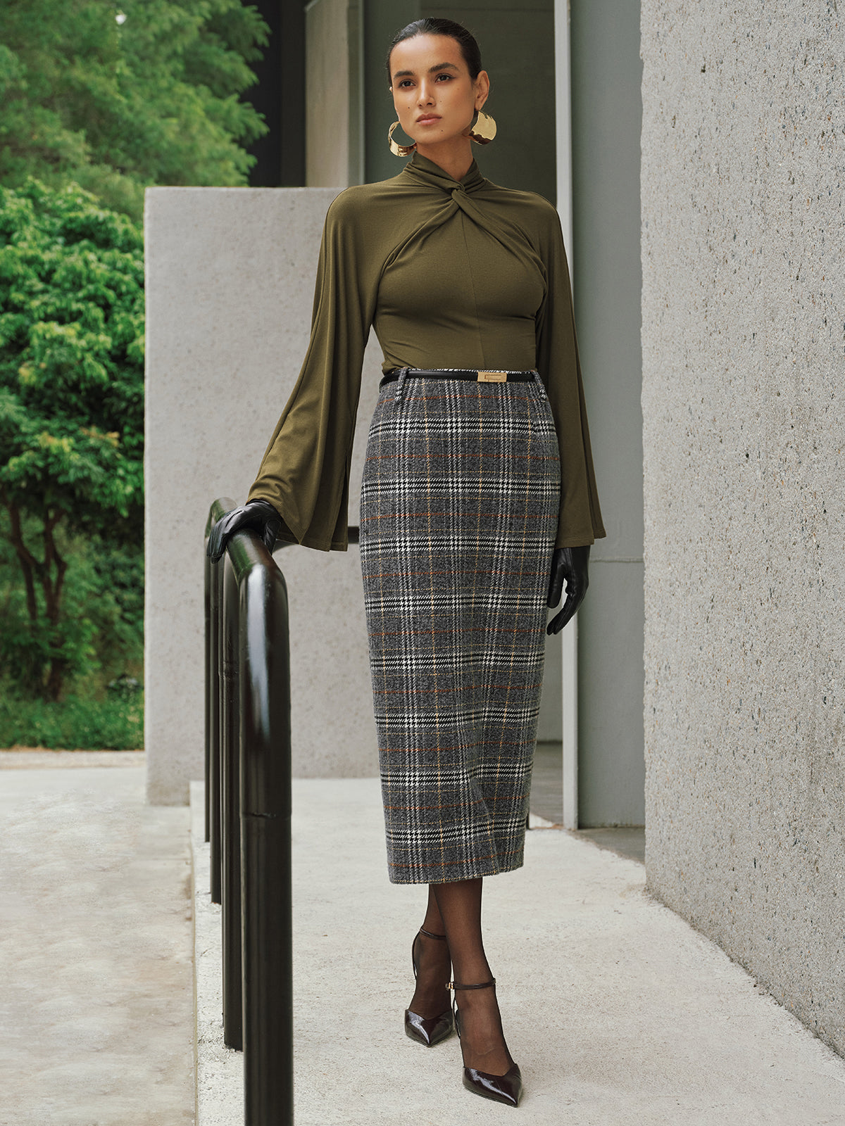 Belted Tweed Plaid Midi Skirt-Chicvia