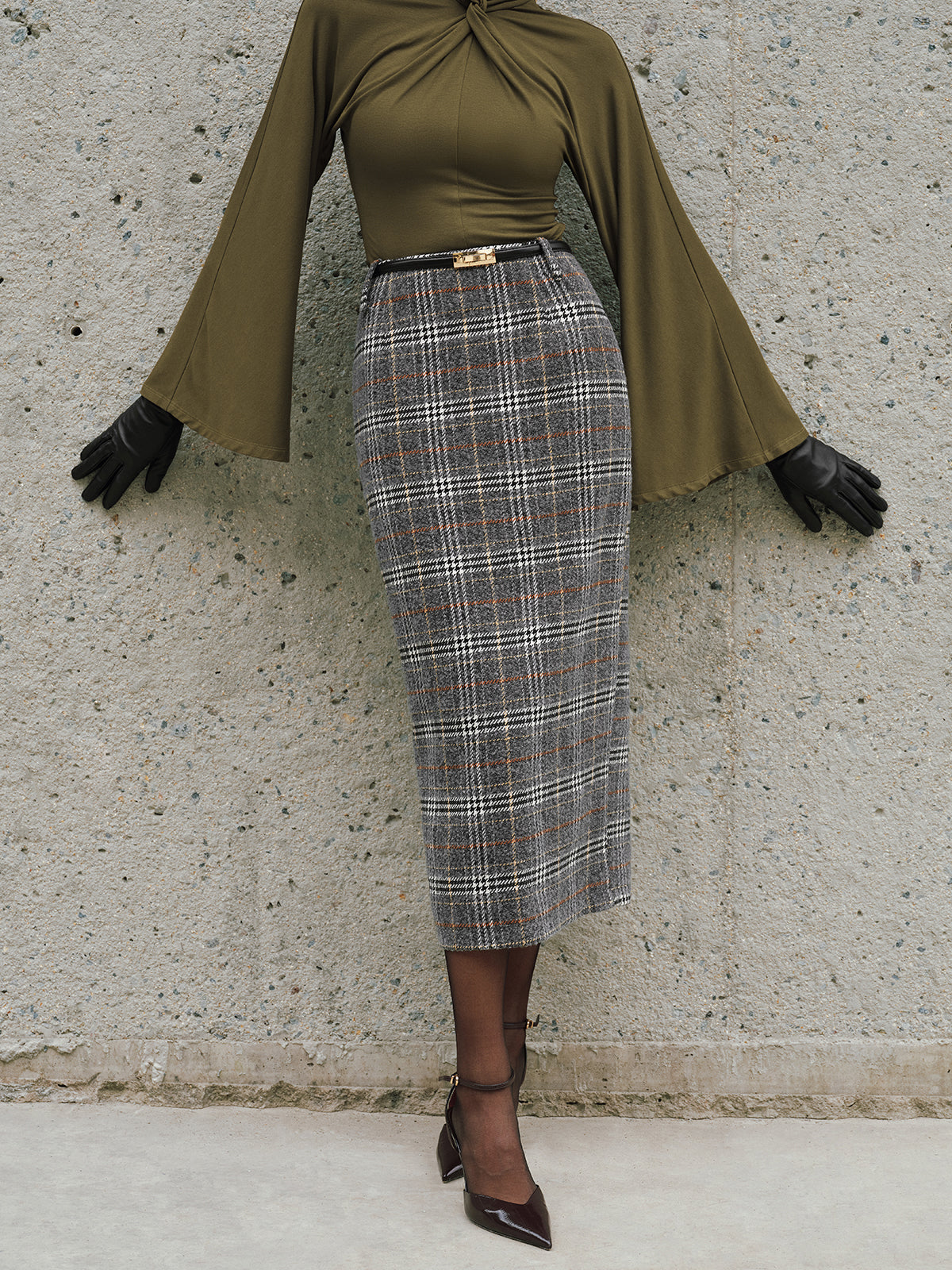 Belted Tweed Plaid Midi Skirt-Chicvia