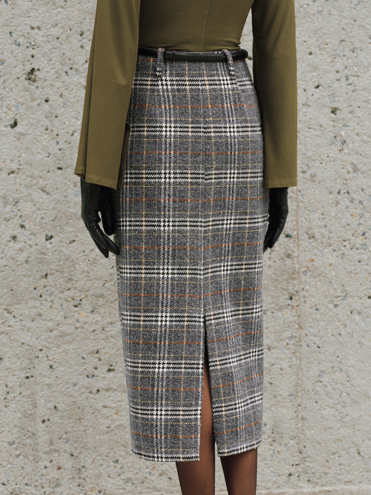 Belted Tweed Plaid Midi Skirt-Chicvia