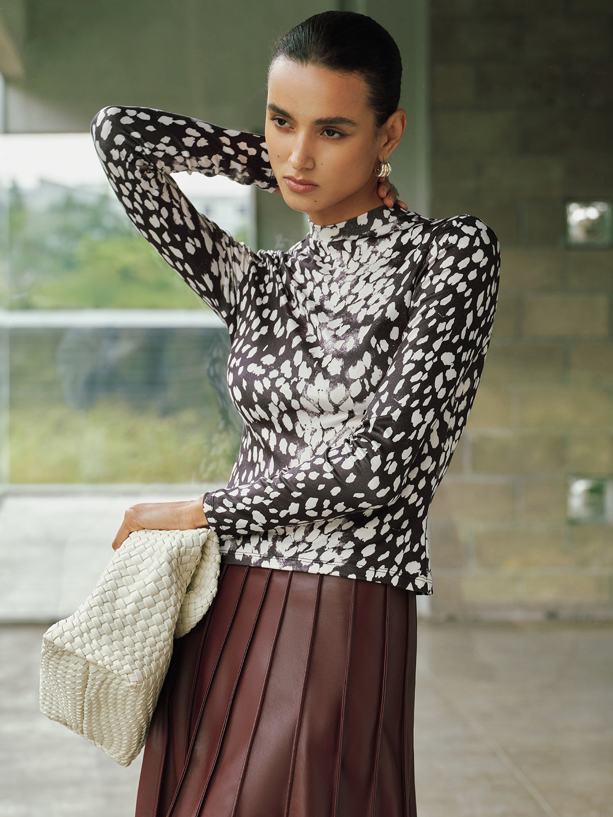 Mock Neck Animal Print Long-Sleeve Top-Chicvia