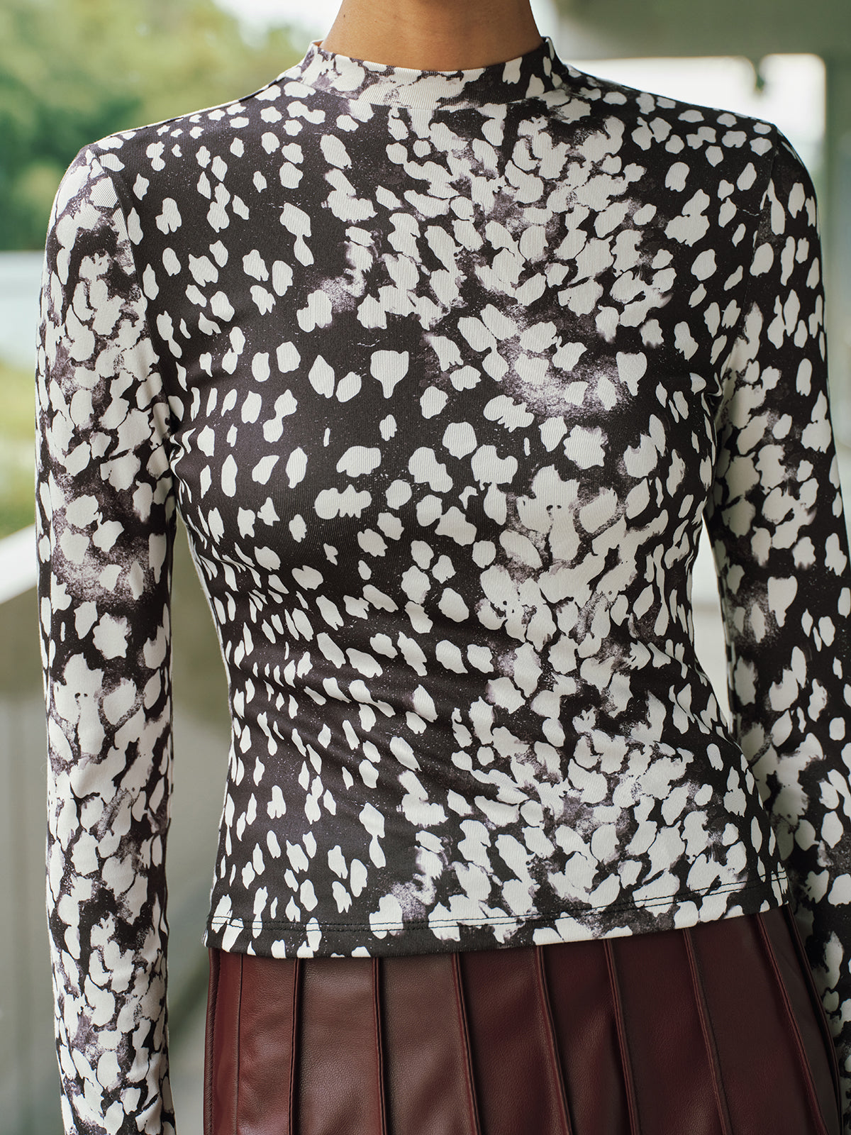 Mock Neck Animal Print Long-Sleeve Top-Chicvia