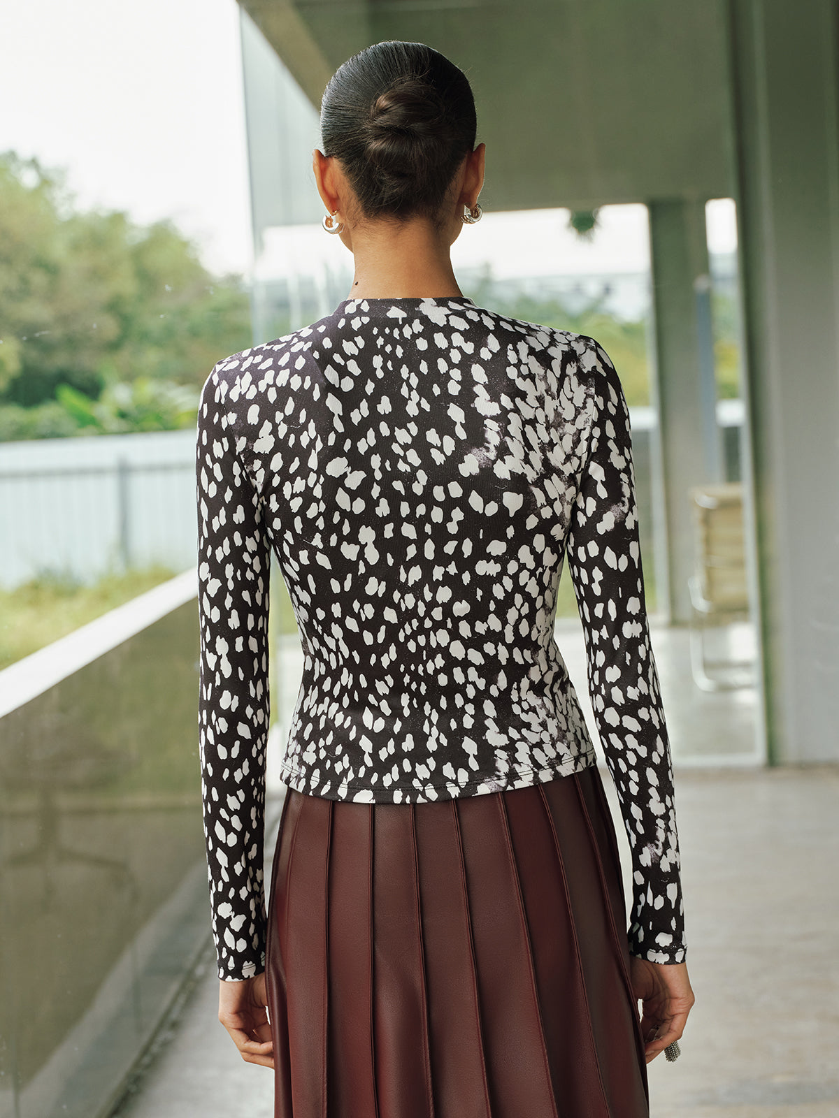 Mock Neck Animal Print Long-Sleeve Top-Chicvia