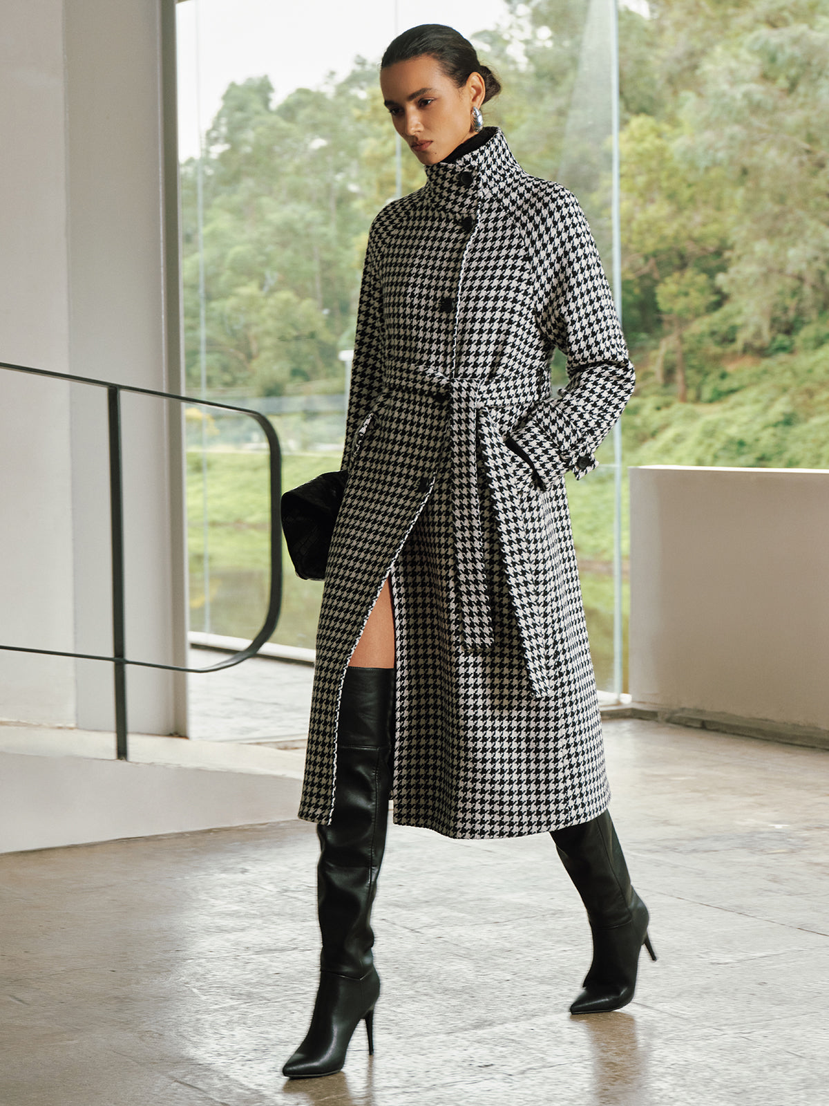 Belted Tweed Houndstooth Long Trench Coat-Chicvia