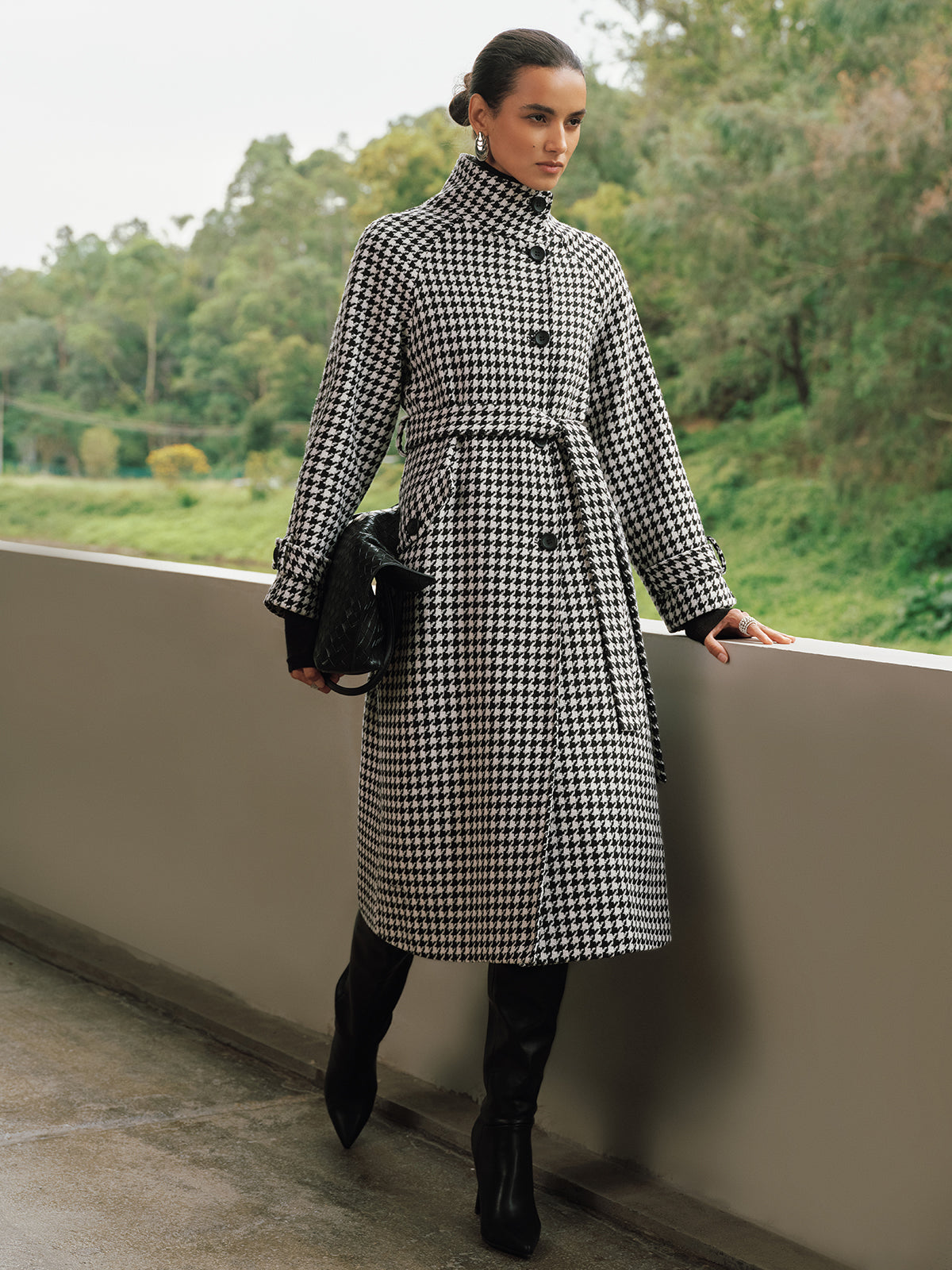 Belted Tweed Houndstooth Long Trench Coat-Chicvia