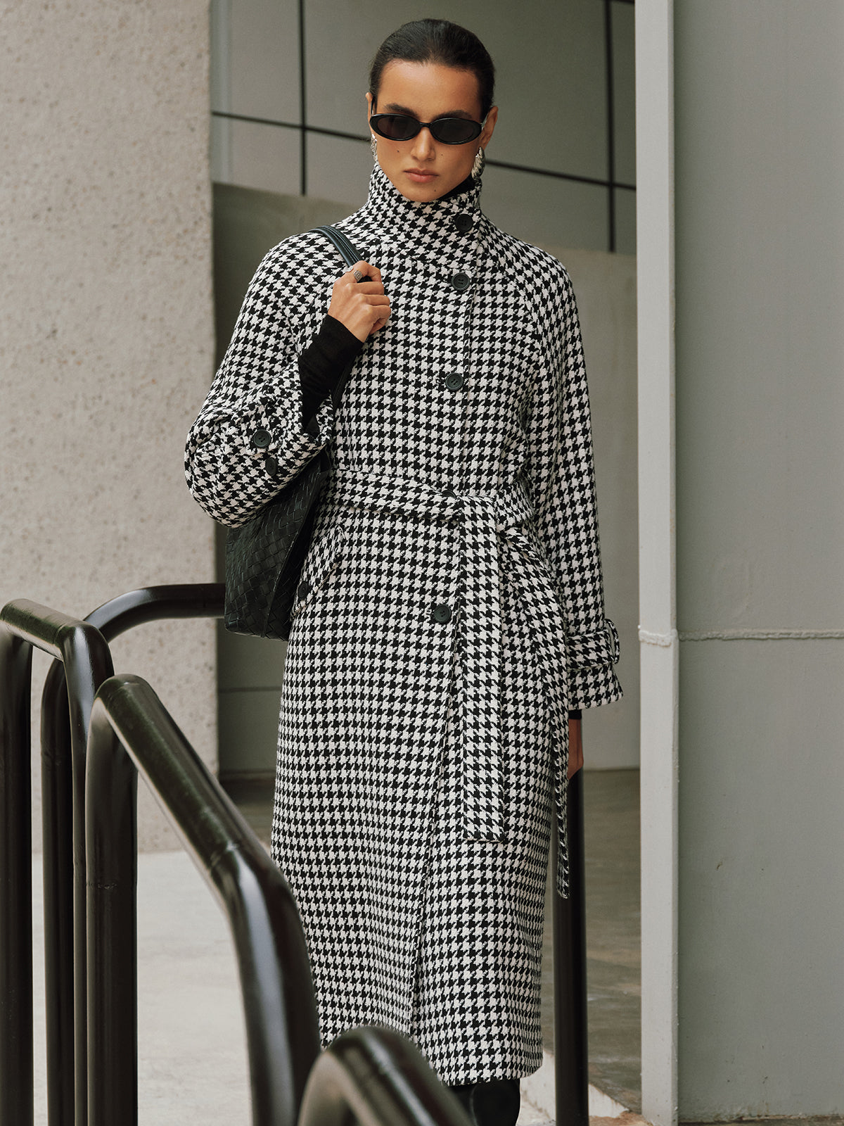 Belted Tweed Houndstooth Long Trench Coat-Chicvia
