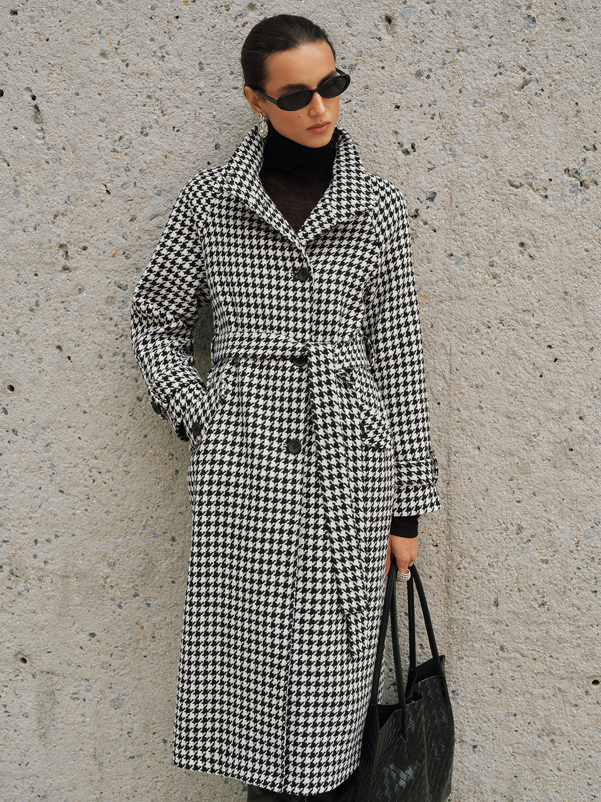 Belted Tweed Houndstooth Long Trench Coat-Chicvia