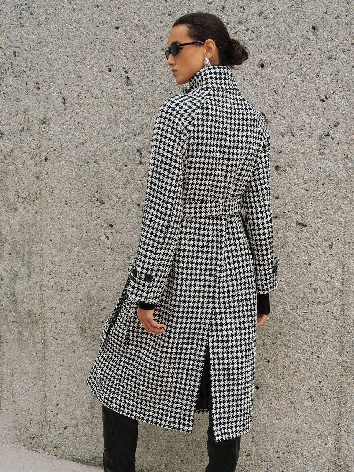 Belted Tweed Houndstooth Long Trench Coat-Chicvia
