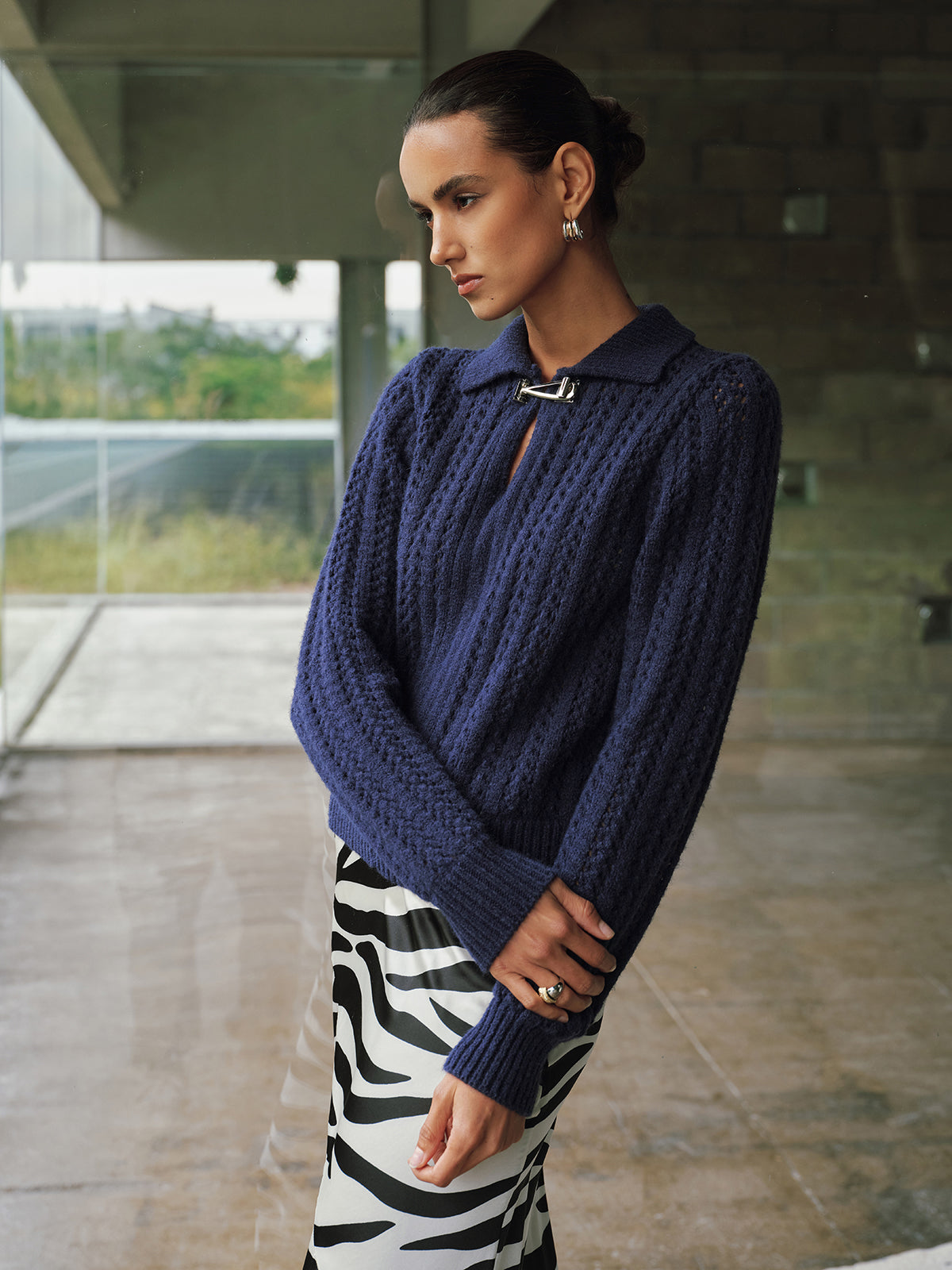 Cable-Knit Polo Collar Buckle-Detail Sweater-Chicvia