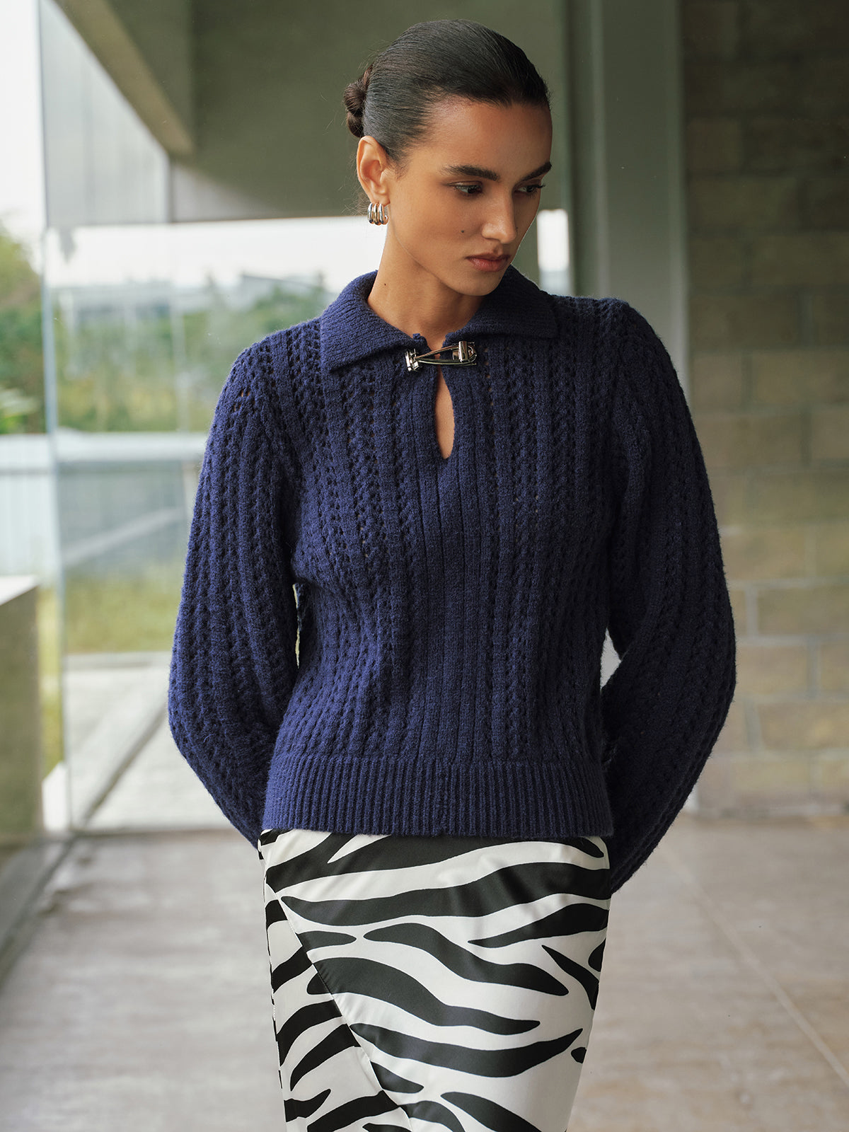 Cable-Knit Polo Collar Buckle-Detail Sweater-Chicvia