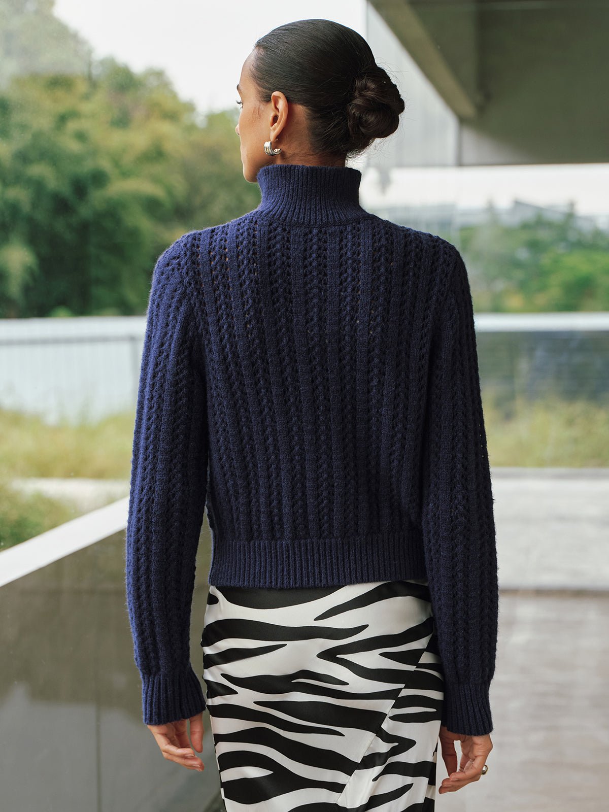 Cable-Knit Polo Collar Buckle-Detail Sweater-Chicvia