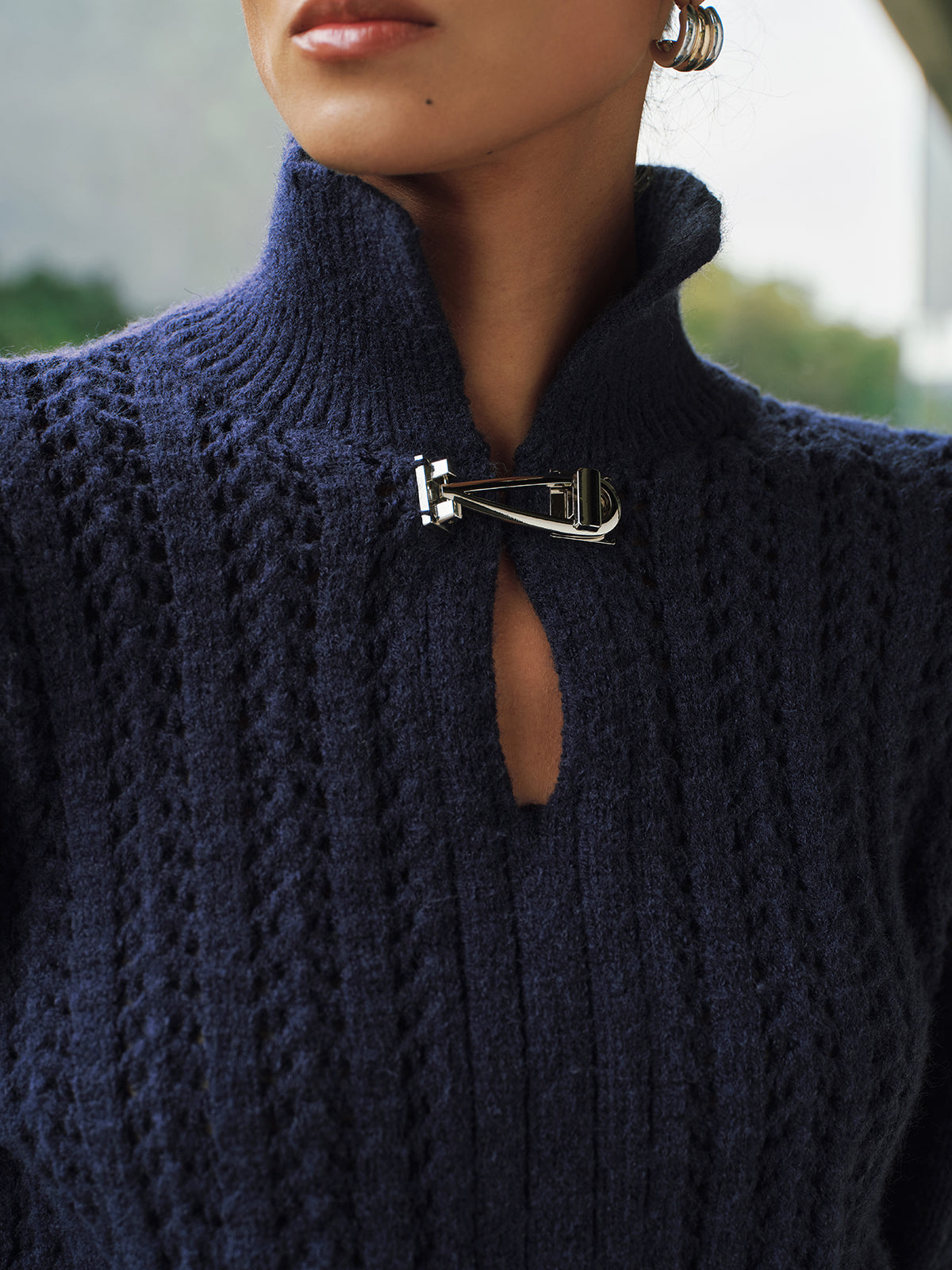 Cable-Knit Polo Collar Buckle-Detail Sweater-Chicvia