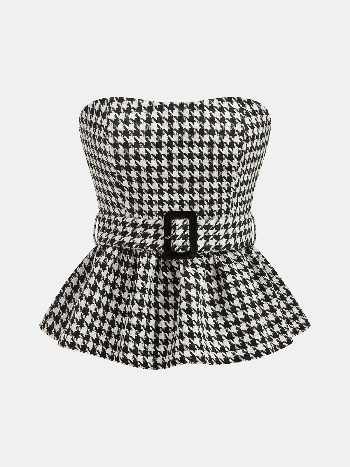 Houndstooth Strapless Belted Peplum Top-Chicvia