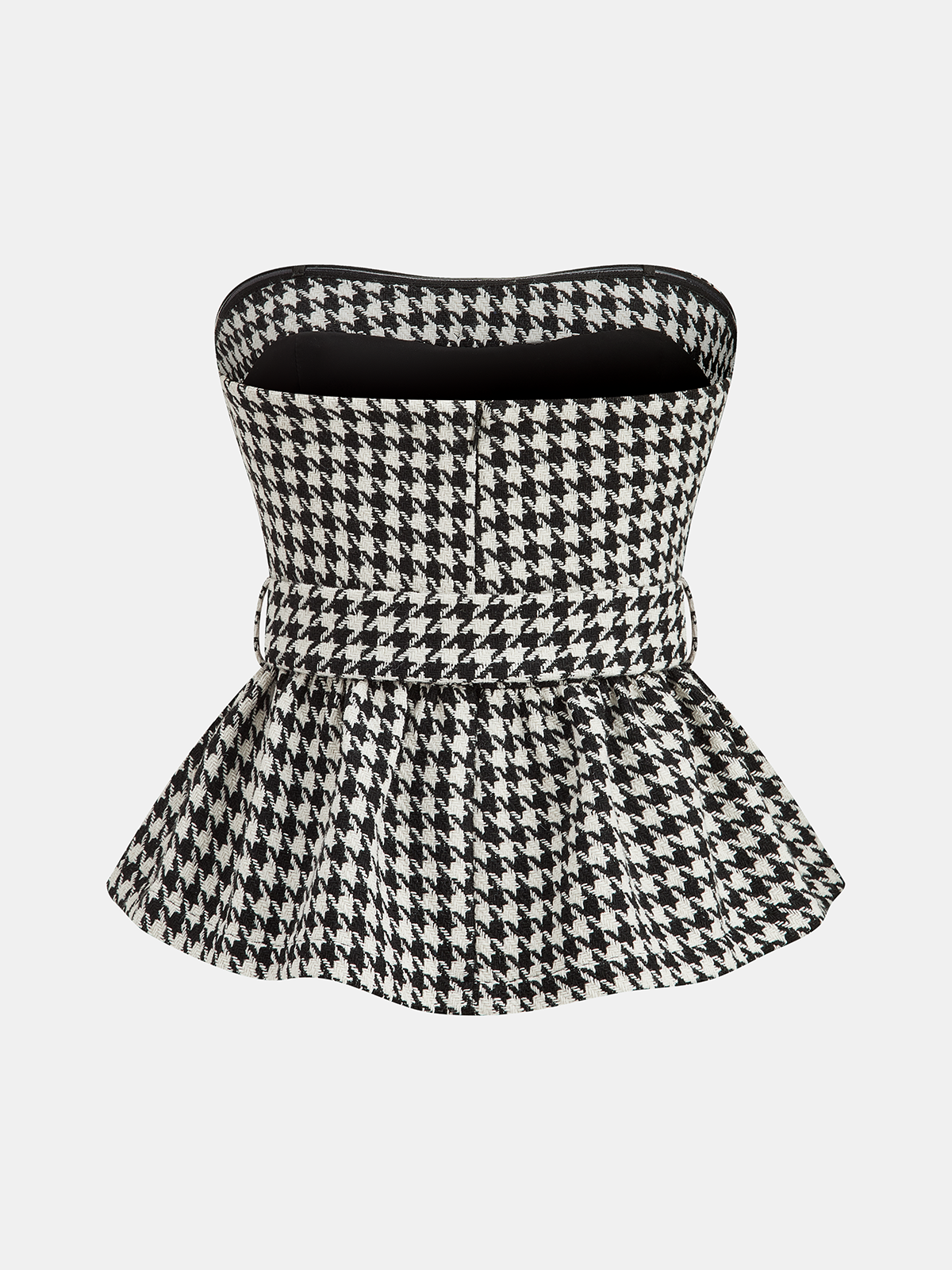 Houndstooth Strapless Belted Peplum Top-Chicvia