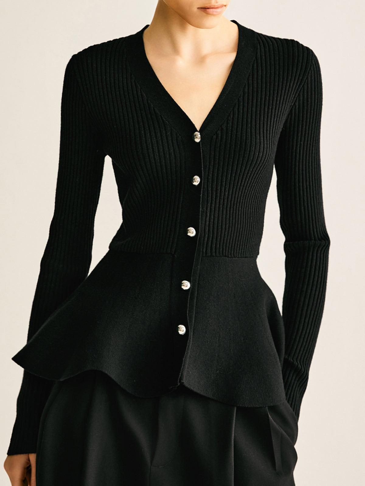 Oversized Ribbed Panel Bud Waist Button Knit Top-Chicvia