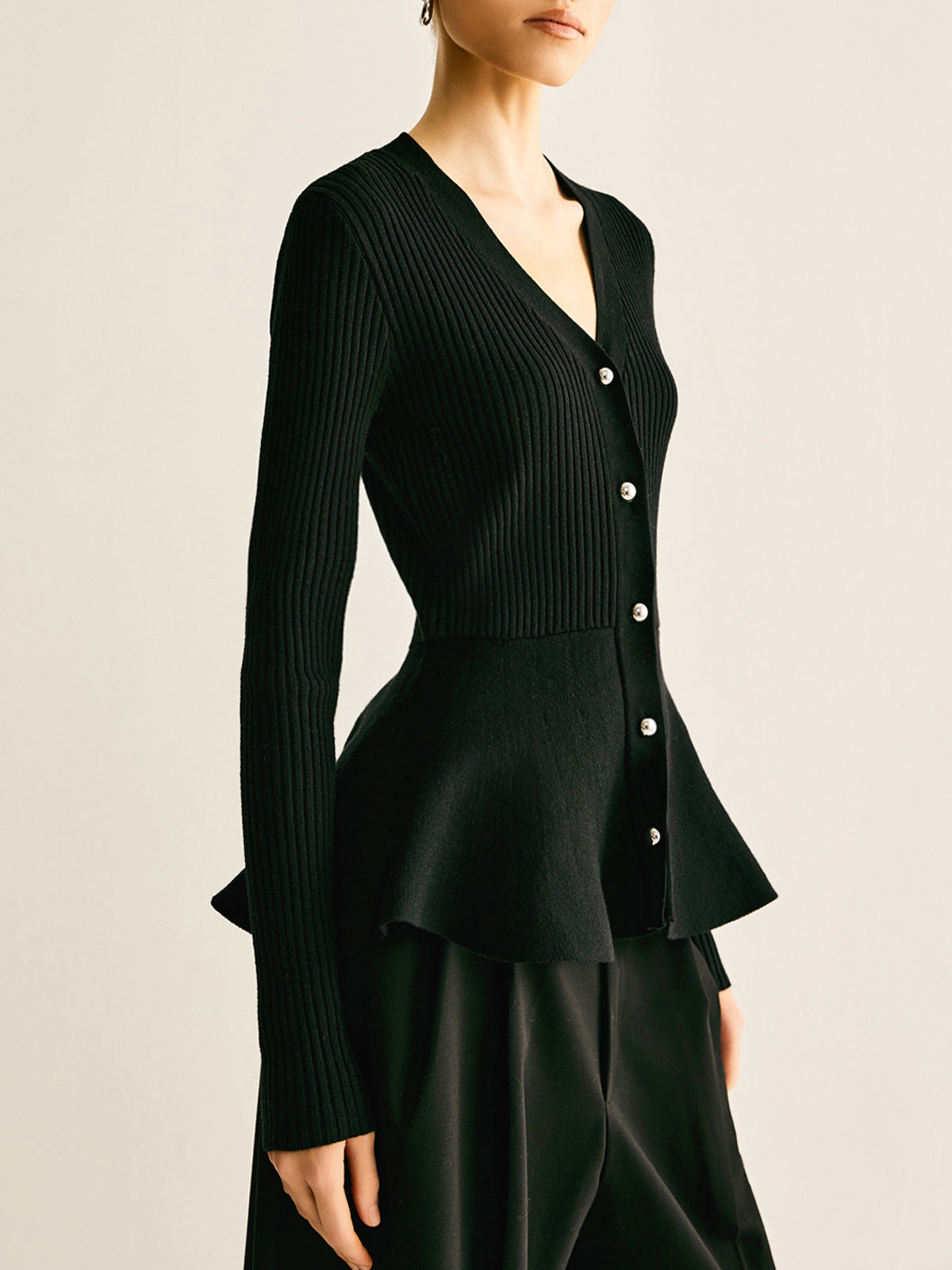 Oversized Ribbed Panel Bud Waist Button Knit Top-Chicvia