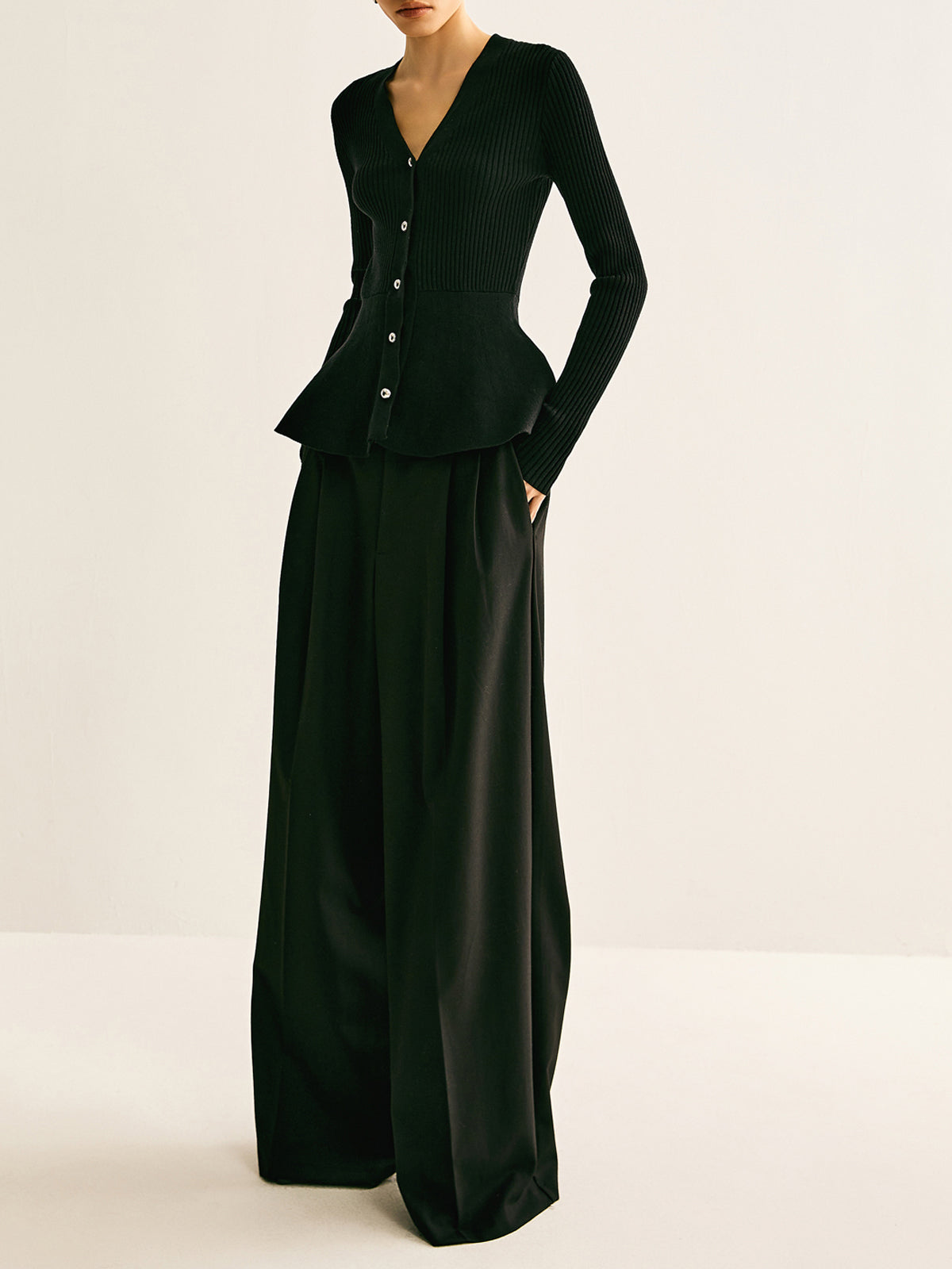 Oversized Ribbed Panel Bud Waist Button Knit Top-Chicvia