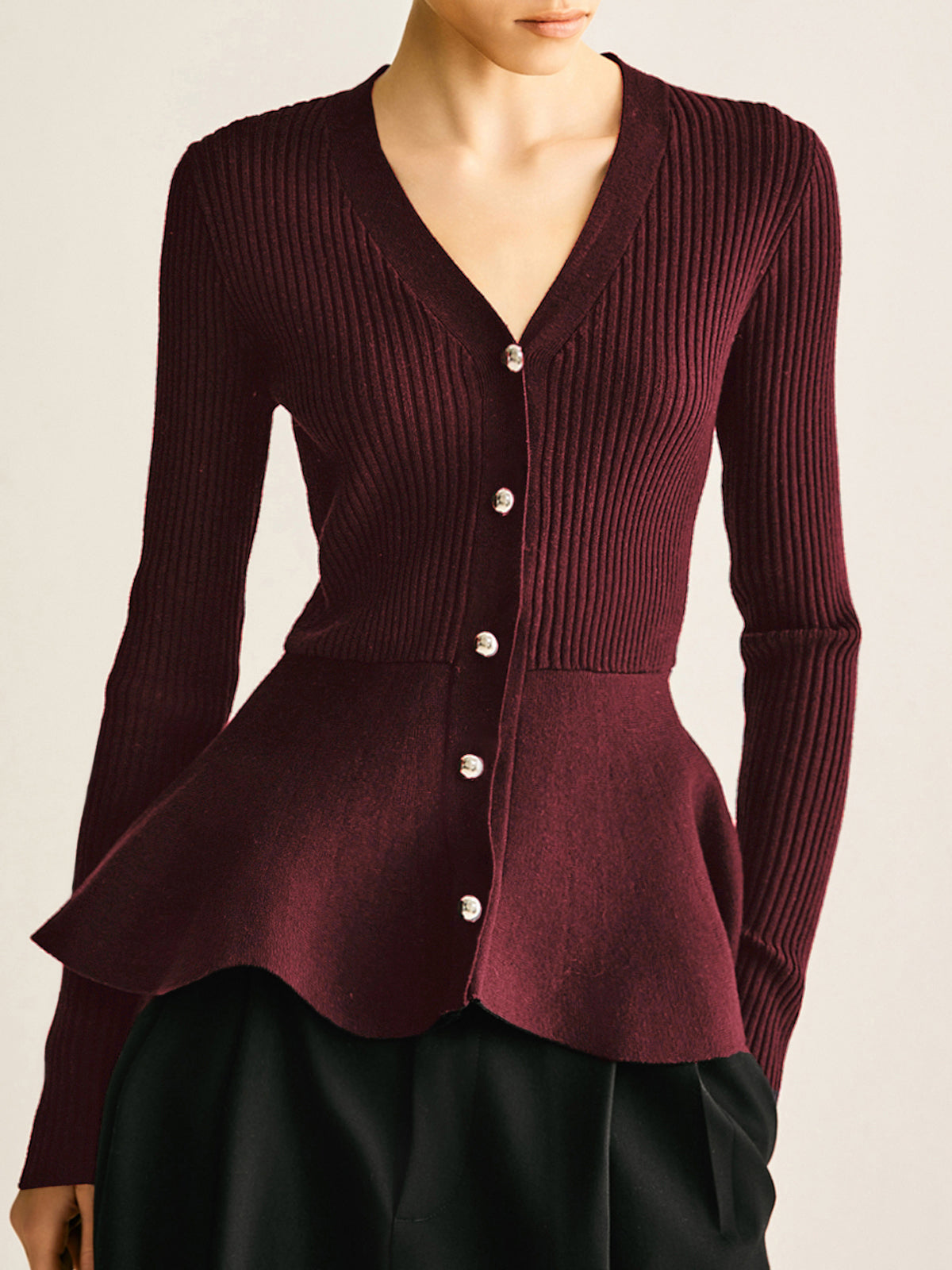 Oversized Ribbed Panel Bud Waist Button Knit Top-Chicvia