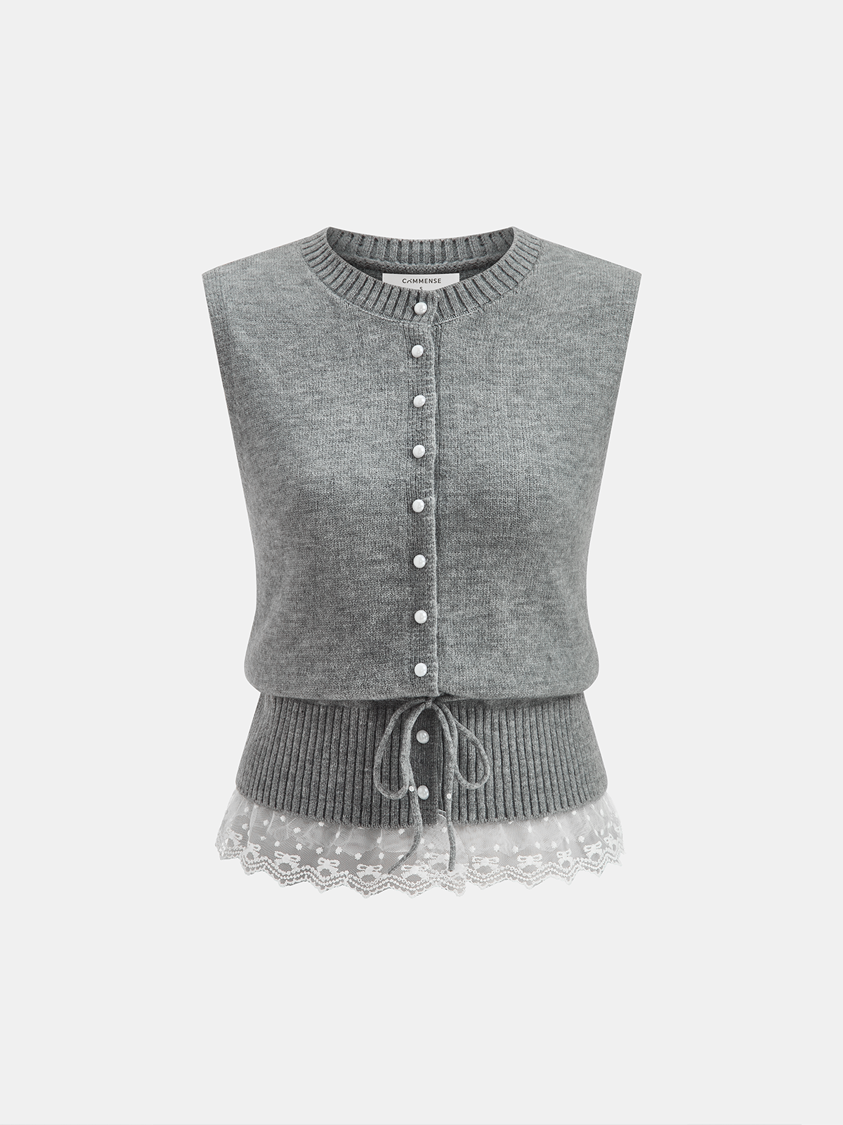 Pearl Button Tie-Waist Lace Hem Sweater Vest-Chicvia