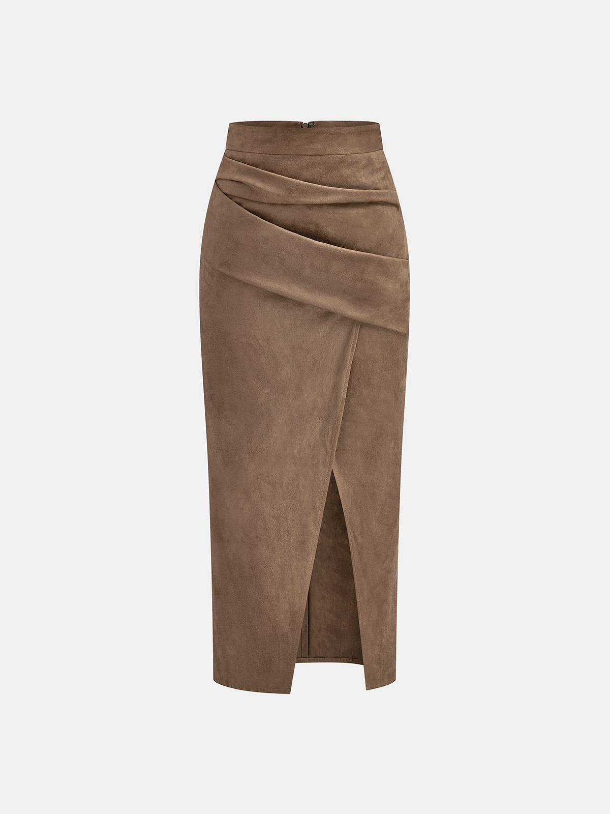 Draped Slit Suede Effect Midi Skirt-Chicvia
