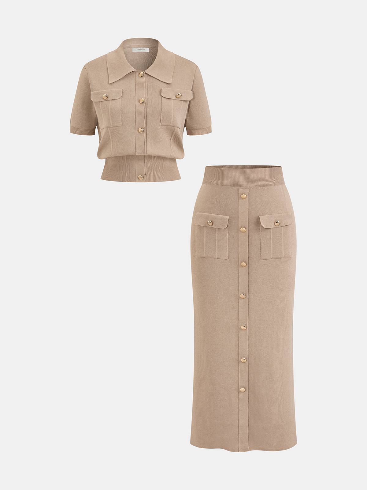 Metal Button Knit Cardigan & Midi Skirt Set-Chicvia