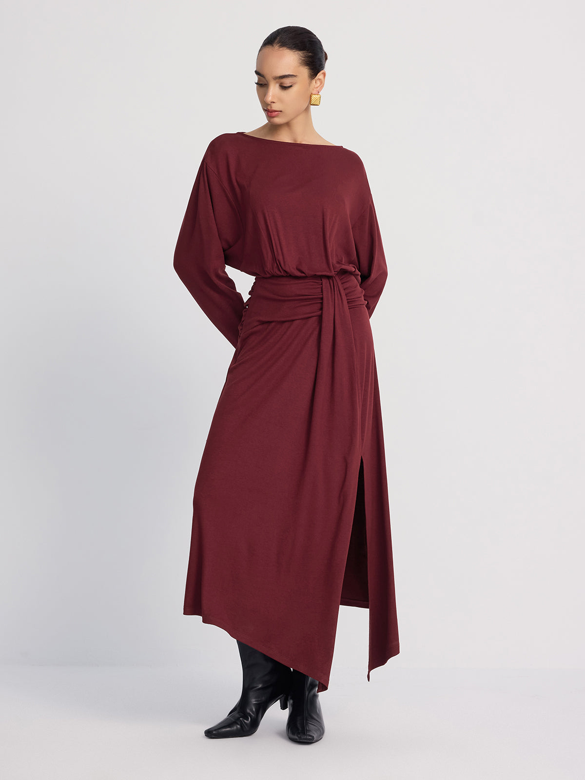 Long Sleeve Ruched Slit Maxi Dress-Chicvia