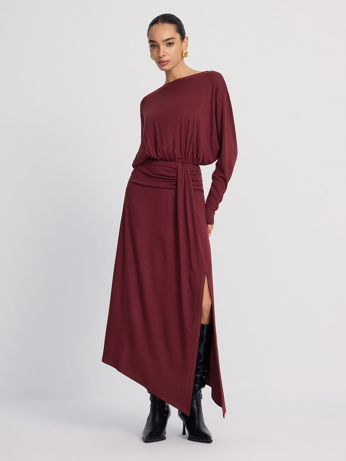 Long Sleeve Ruched Slit Maxi Dress-Chicvia