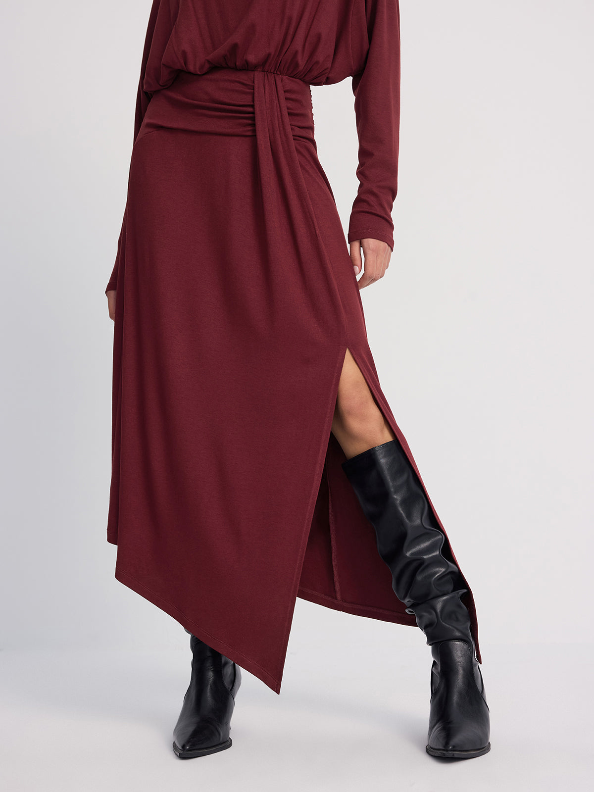 Long Sleeve Ruched Slit Maxi Dress-Chicvia