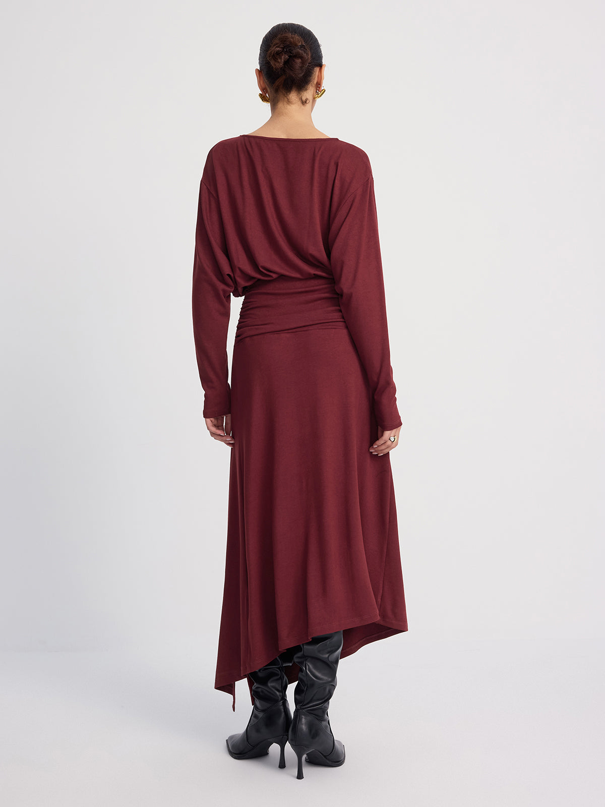 Long Sleeve Ruched Slit Maxi Dress-Chicvia