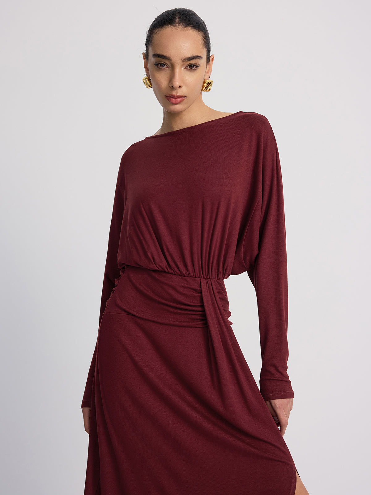 Long Sleeve Ruched Slit Maxi Dress-Chicvia