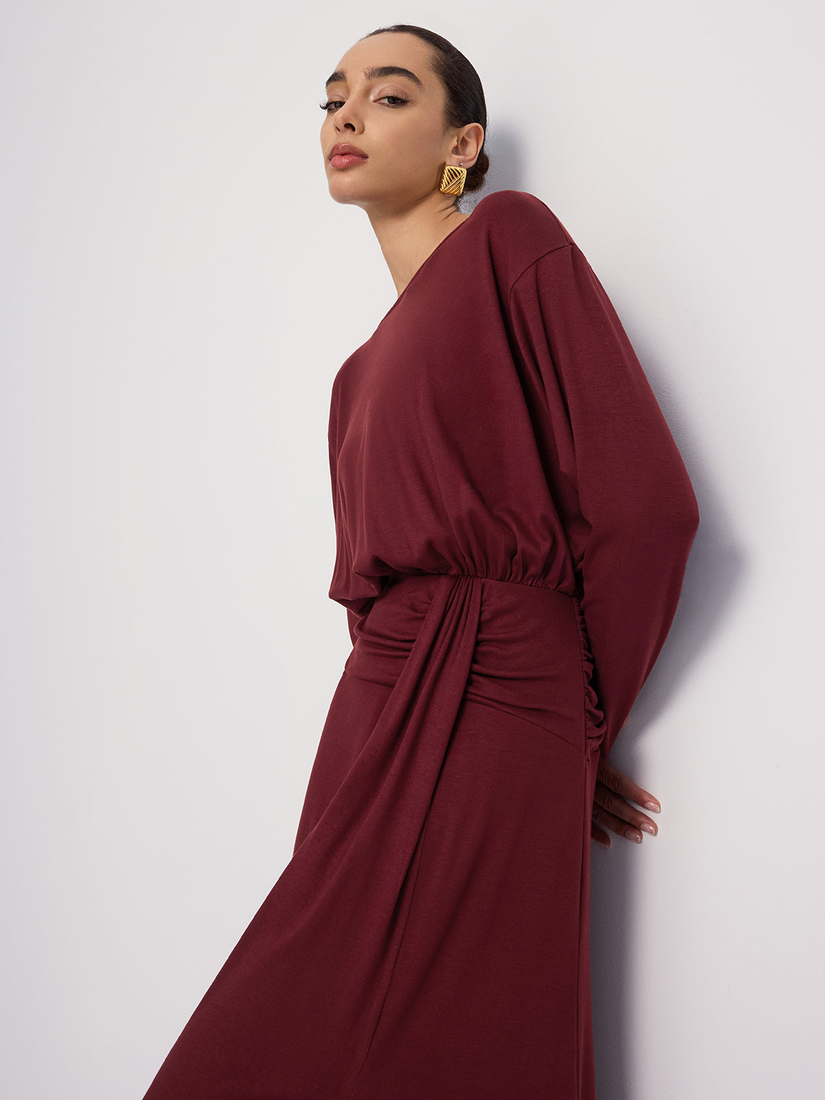 Long Sleeve Ruched Slit Maxi Dress-Chicvia