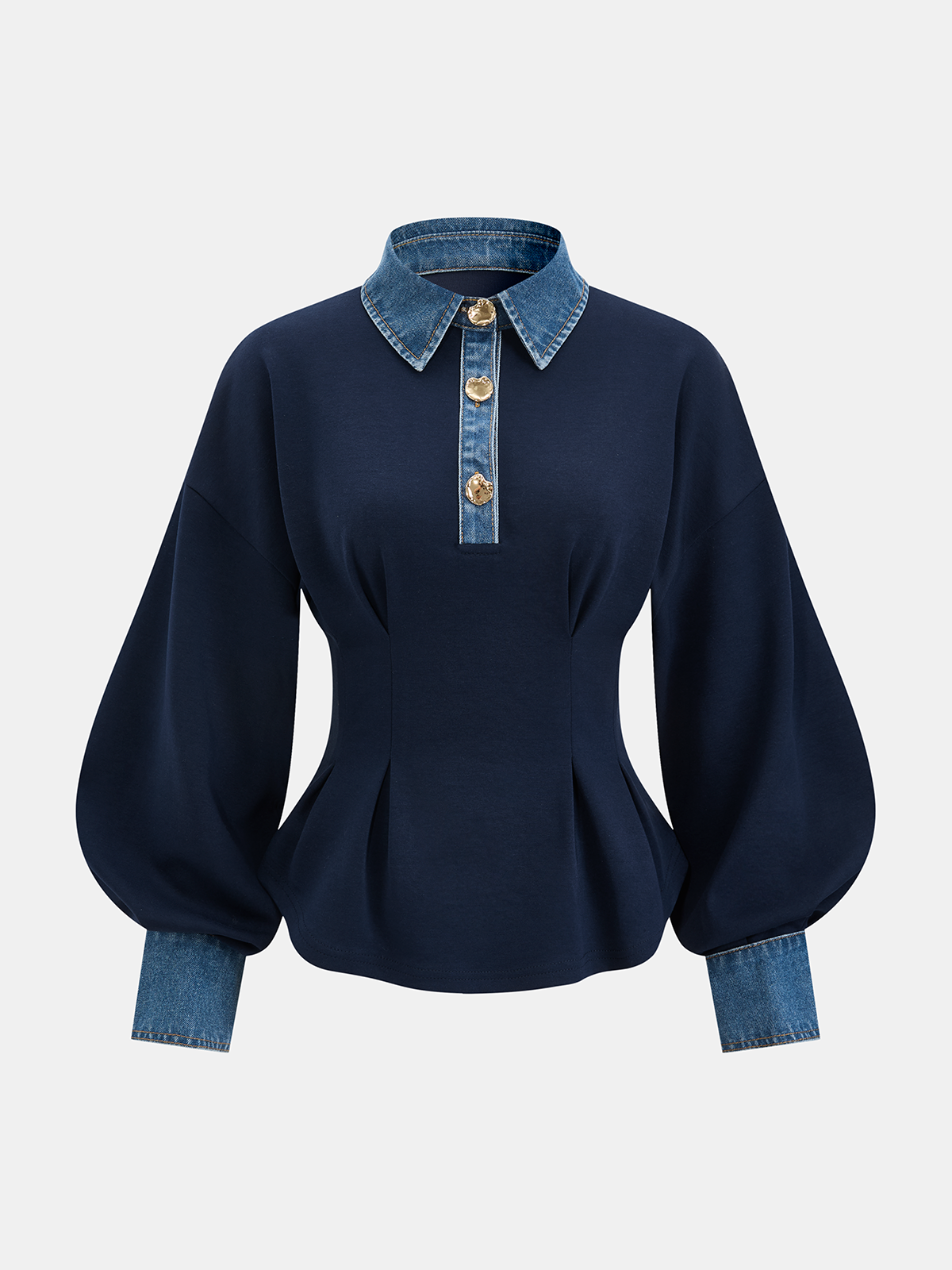 Denim Collar Cinched Waist Sweatshirt-Chicvia
