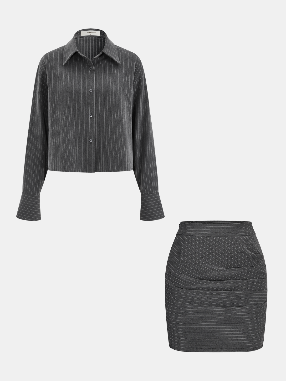 Pinstripe Shirt and Ruched Mini Skirt Set-Chicvia