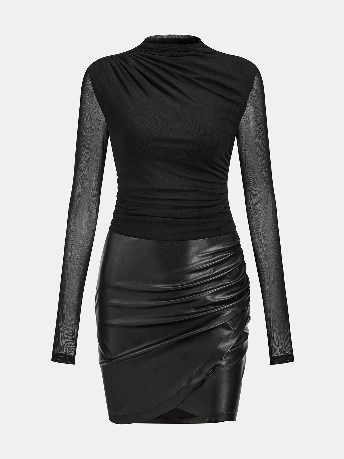 Mesh Ruched Panel Faux Leather Mini Dress-Chicvia