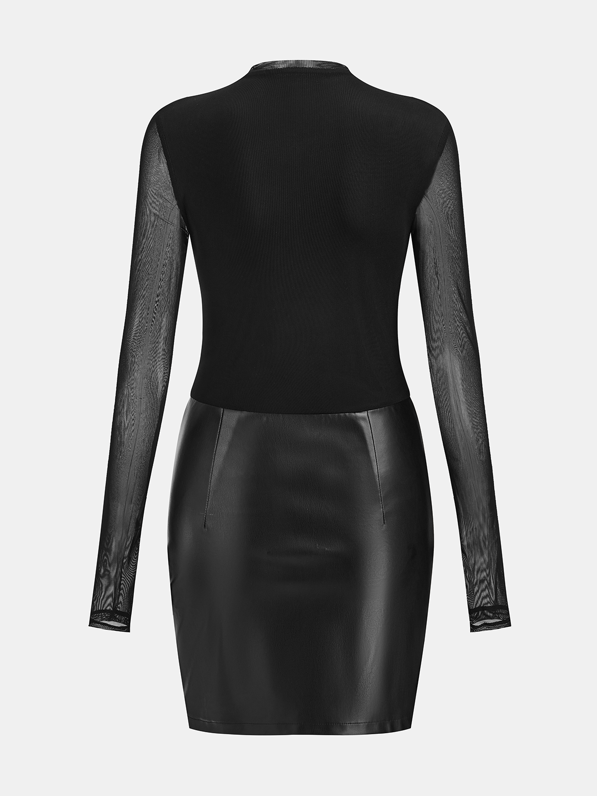 Mesh Ruched Panel Faux Leather Mini Dress-Chicvia