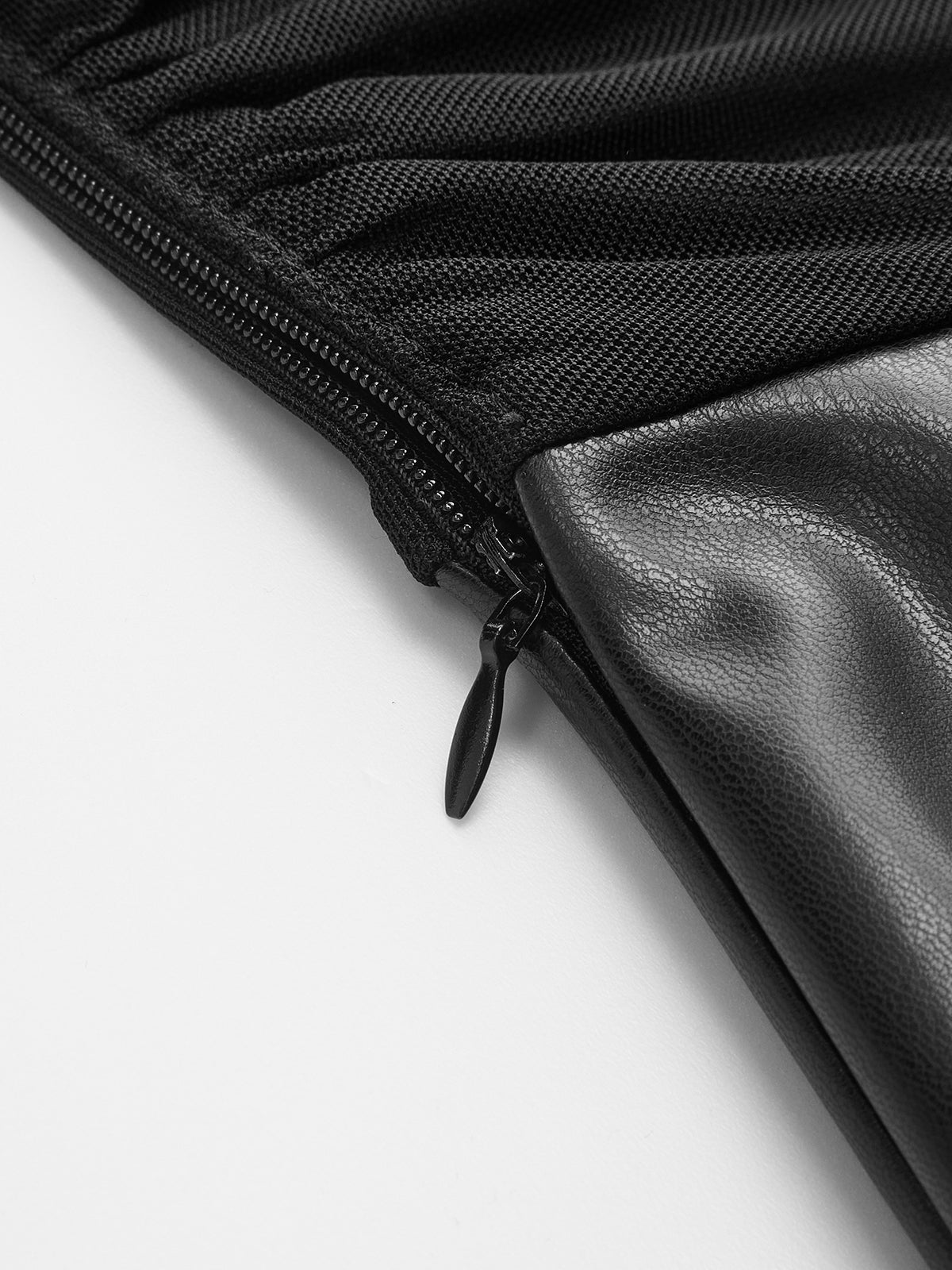 Mesh Ruched Panel Faux Leather Mini Dress-Chicvia